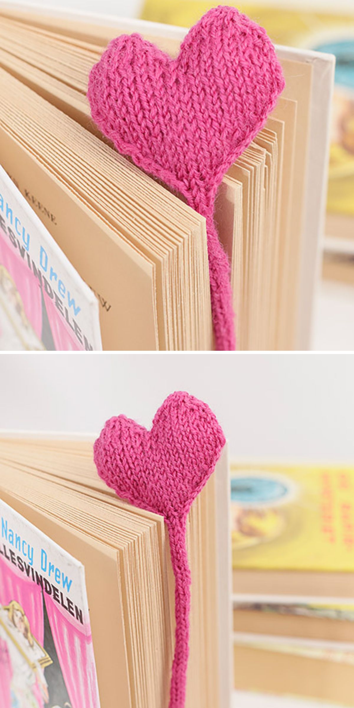 a knitted heart-shaped bookmark