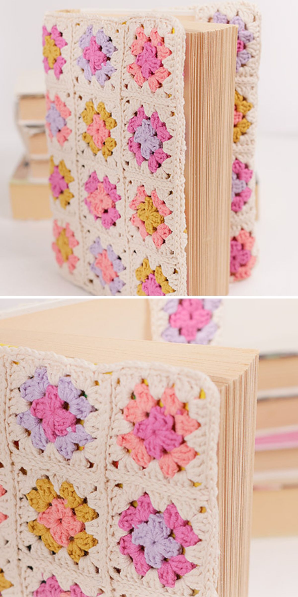 a crochet book cover made of granny squares