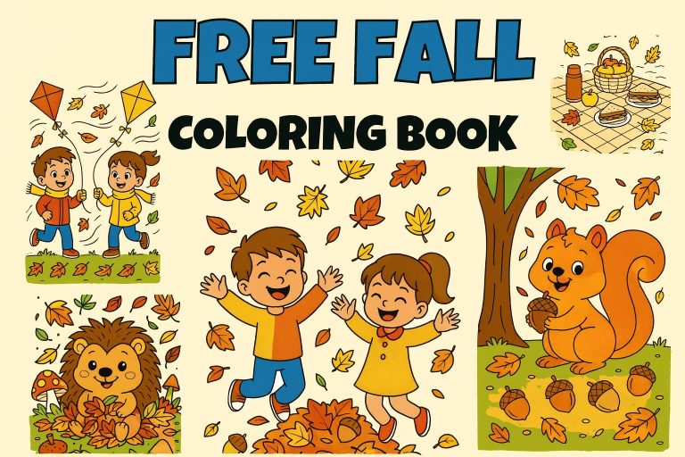 Free fall coloring book cover with kids playing in autumn leaves, a squirrel with acorns, picnic scene, hedgehog, and kites – printable fall coloring pages for kids.