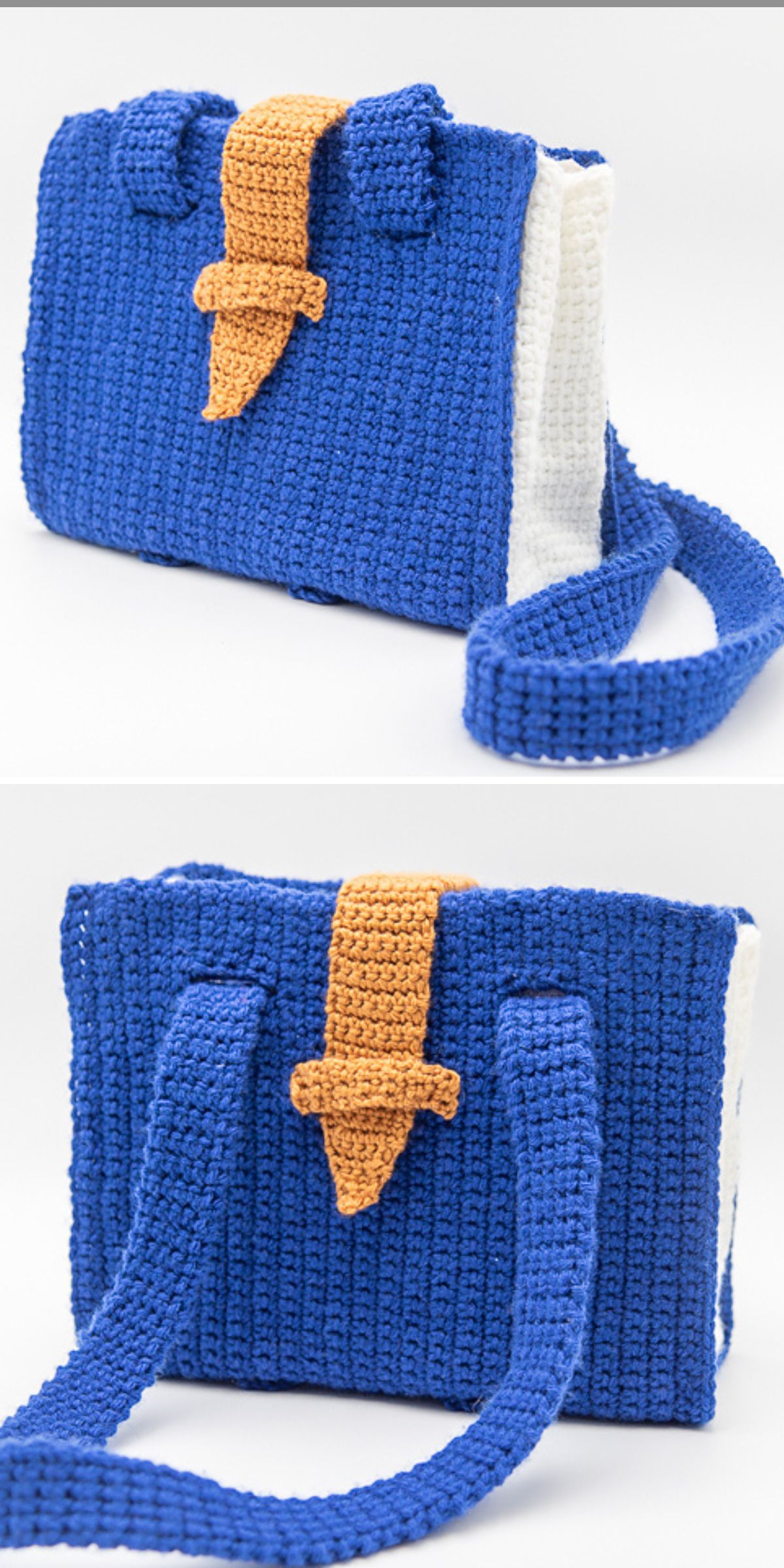 a blue crochet bag with a crocheted golden clasp