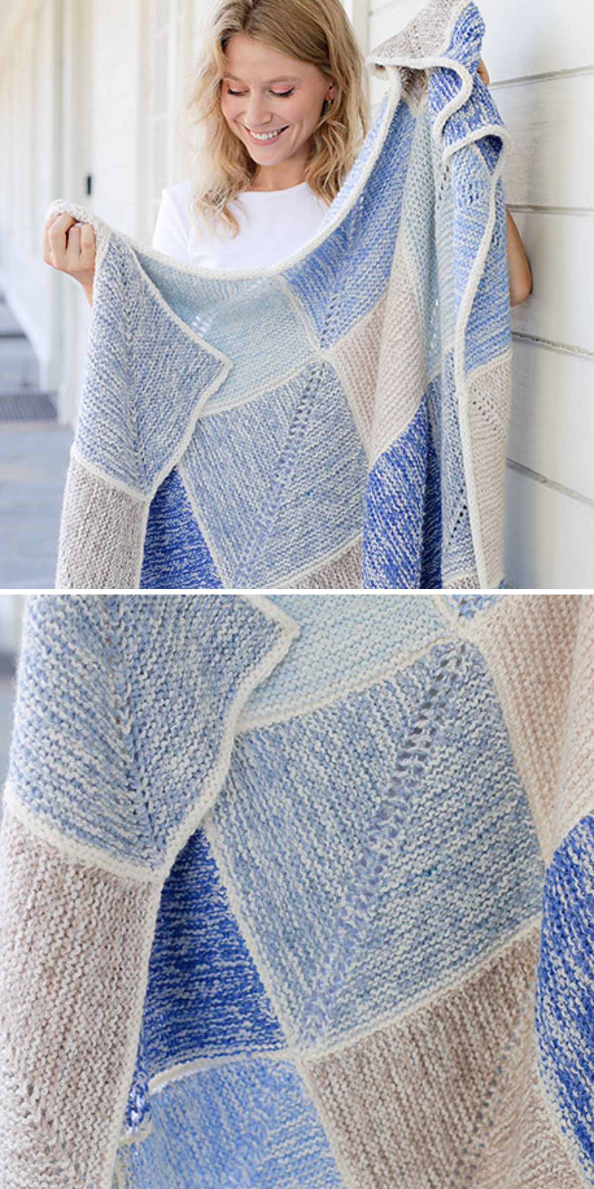 a patchwork knit blanket built from squares with variegated color effects