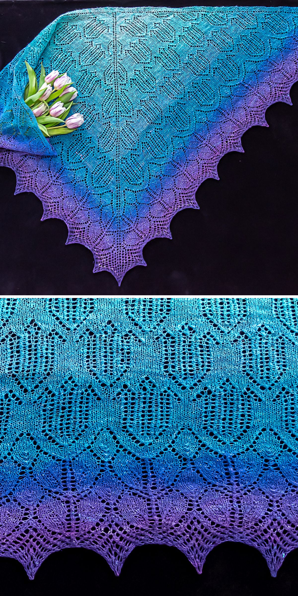 a triangular knitted shawl with a blue gradient colorway and lace fabric