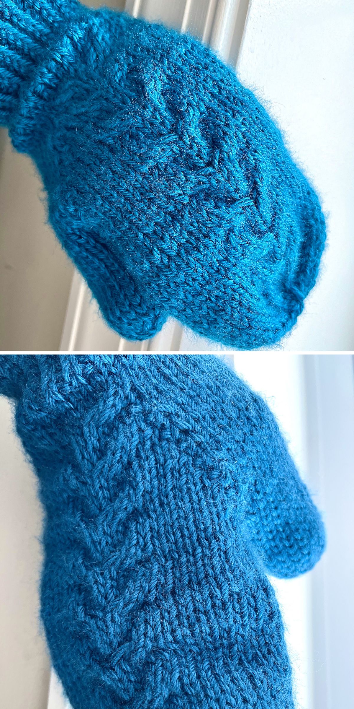 blue knitted mittens with a cable motif running along the middle of the top palm