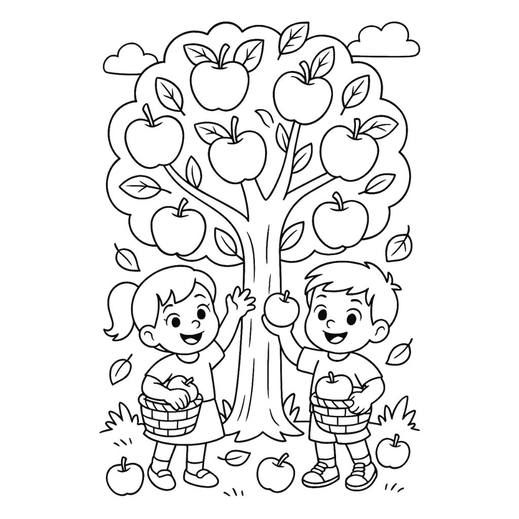 Kids picking apples from a tree with baskets – printable fall coloring pages free for children.