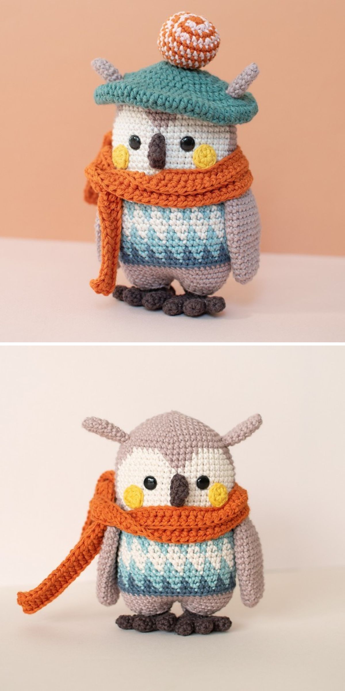 a crochet owl wearing a hat and scarf