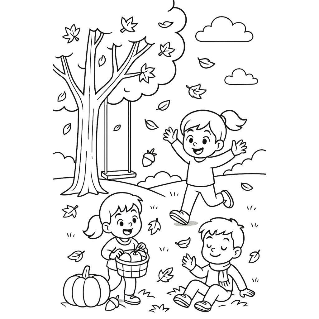 Kids playing under a big autumn tree with pumpkins and apples – October coloring pages printable.