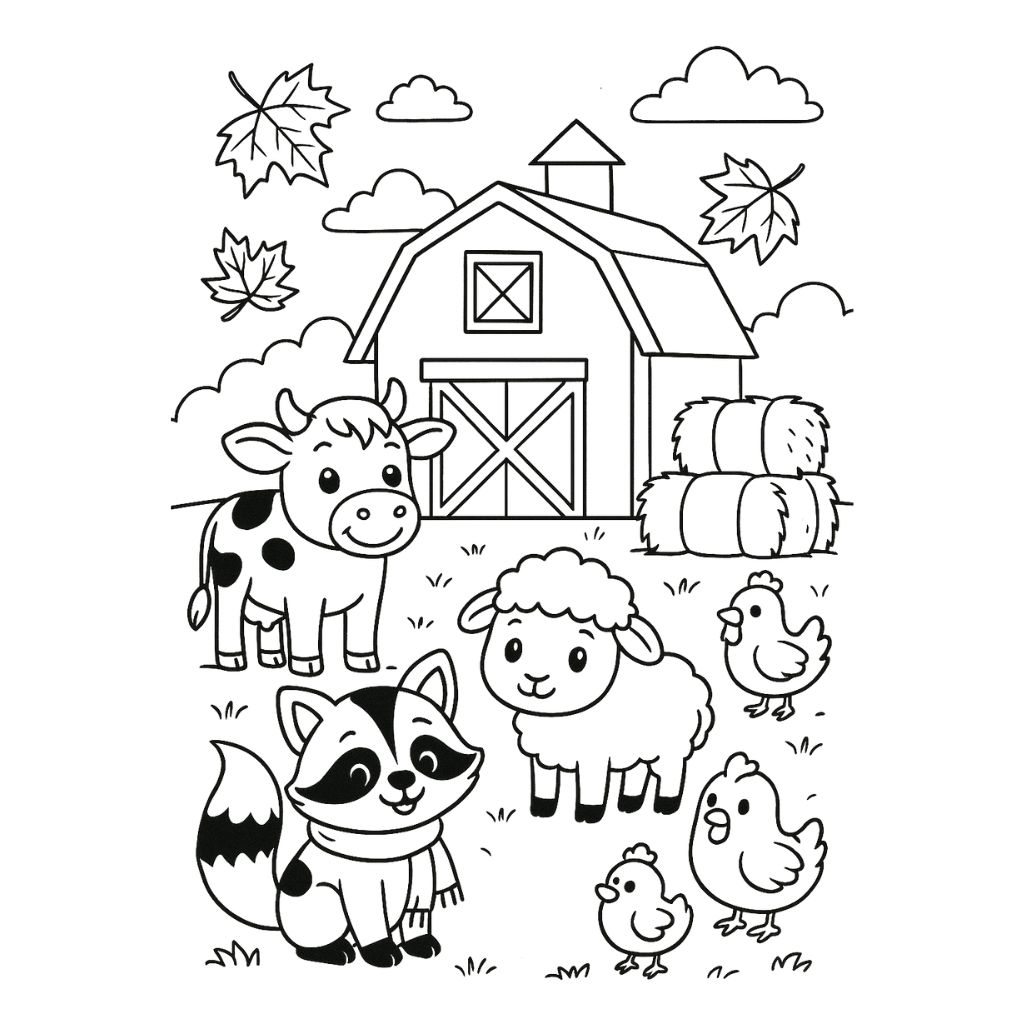 Farm animals in front of a barn with hay bales and autumn leaves – free fall coloring pages printable.