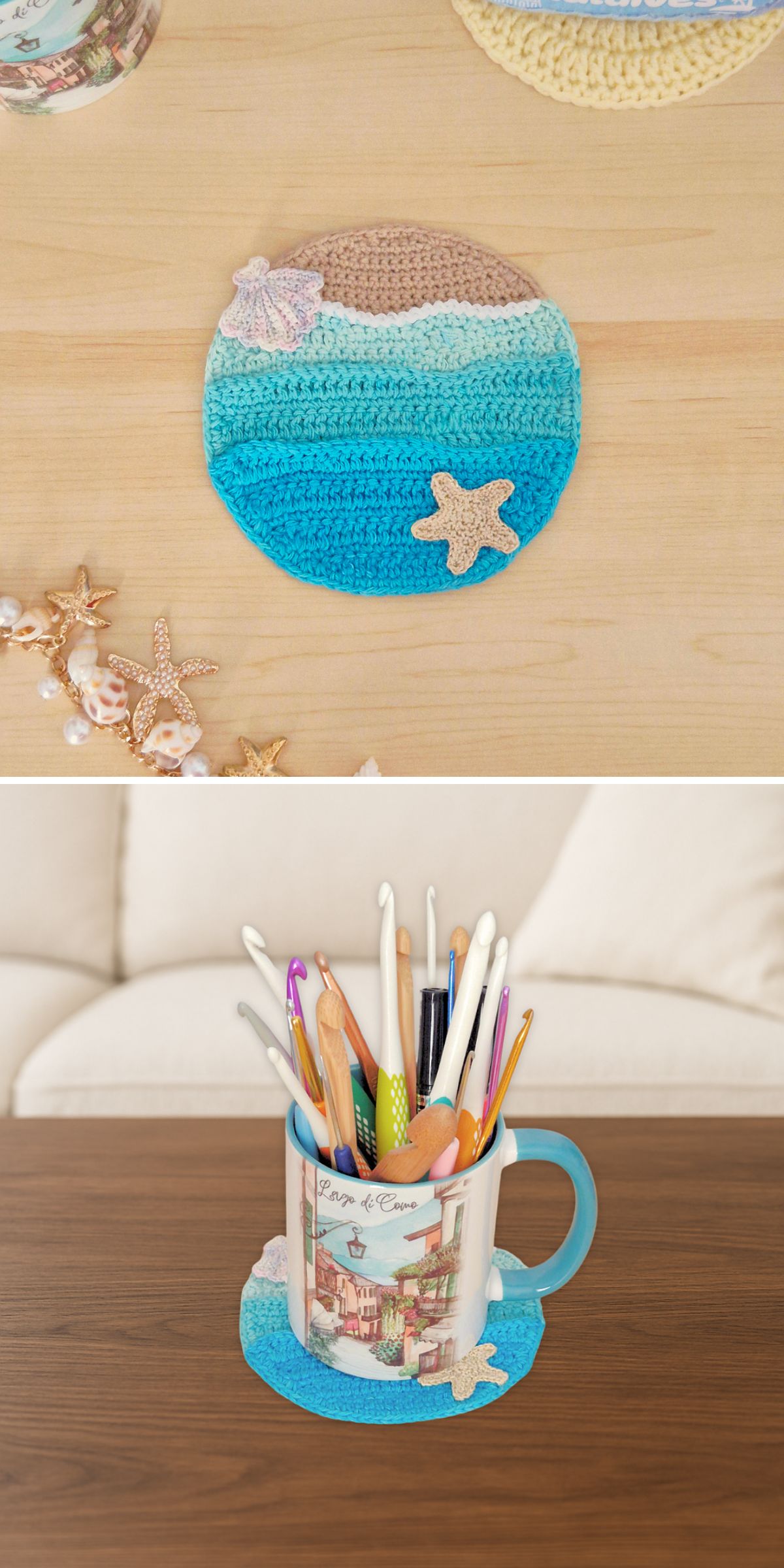a round crochet coaster with a seaside-inspired design