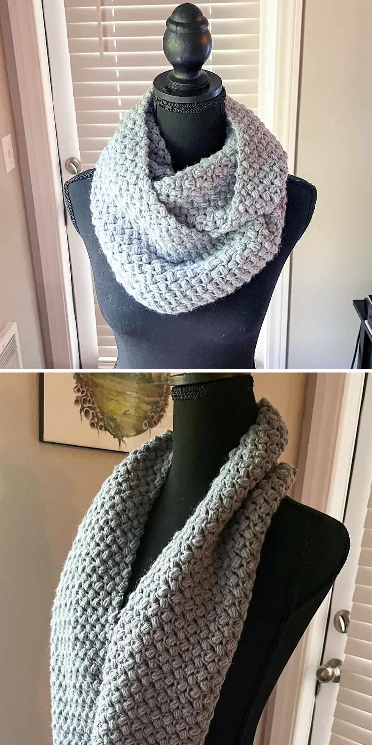 A light gray, chunky-knit crochet infinity scarf is displayed on a black dress form in two different settings.