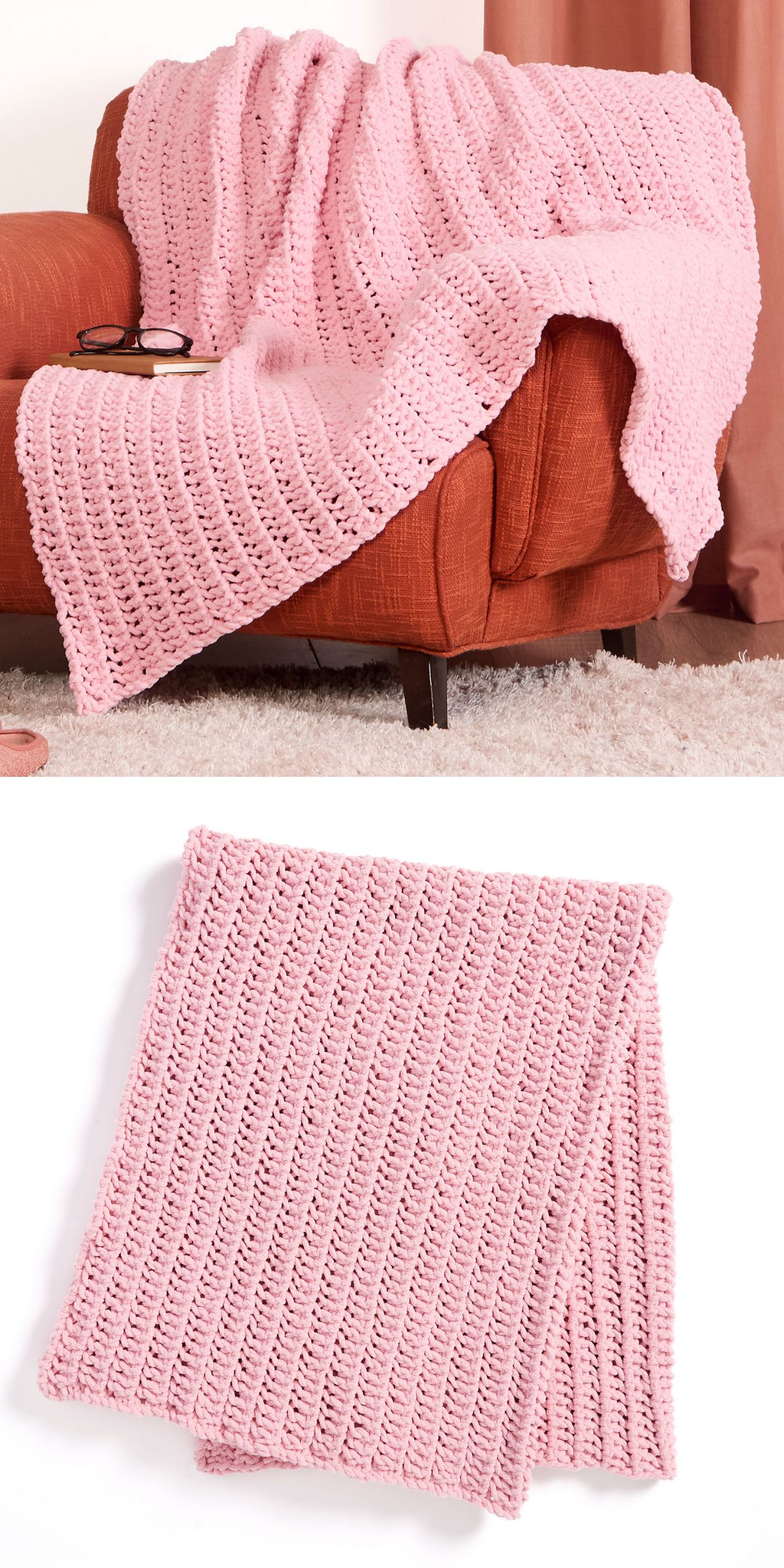 a simple chunky knitted blanket in a soft pink color