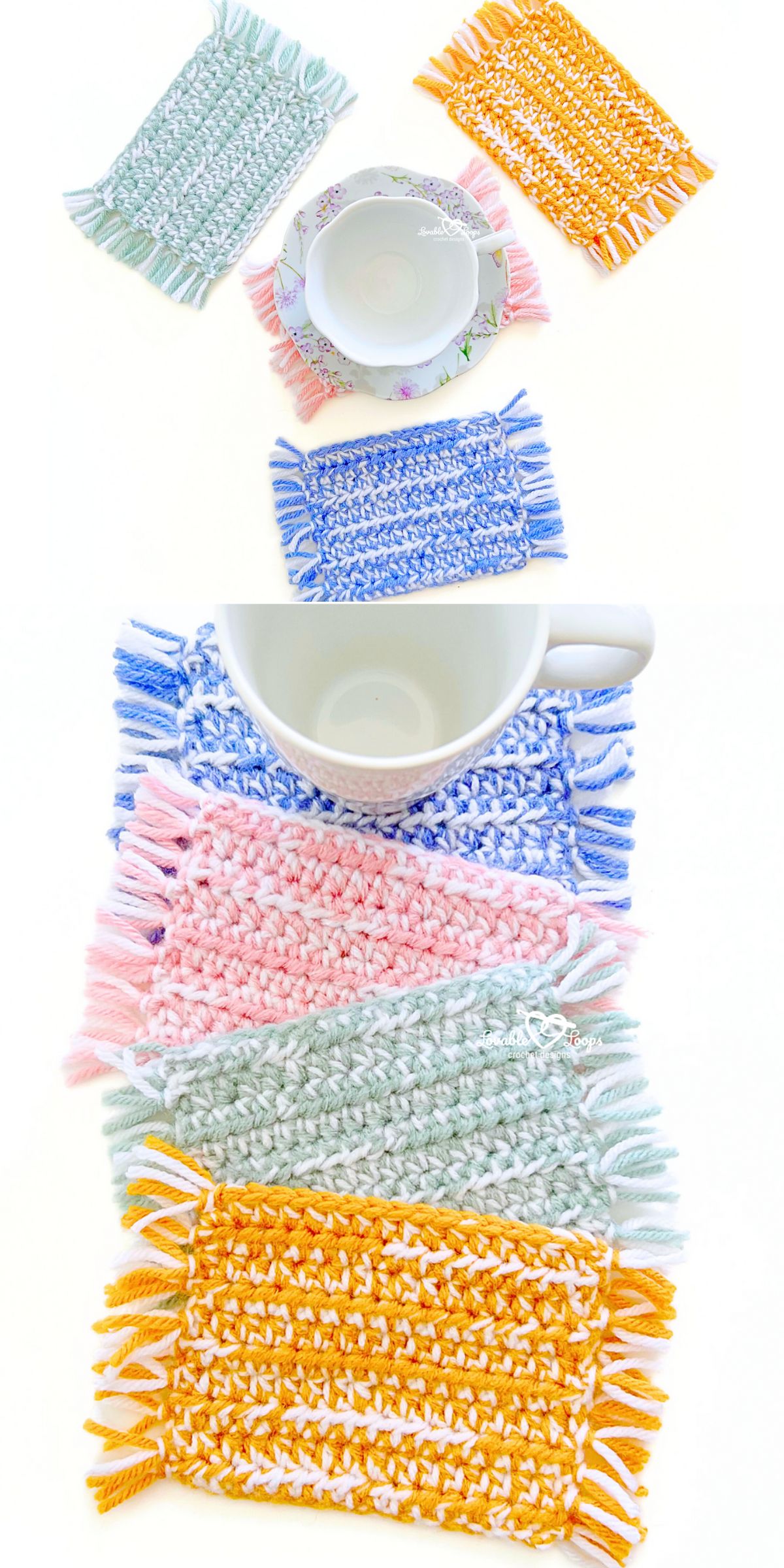 a set of bright crochet mug rugs with little tassels on opposite ends