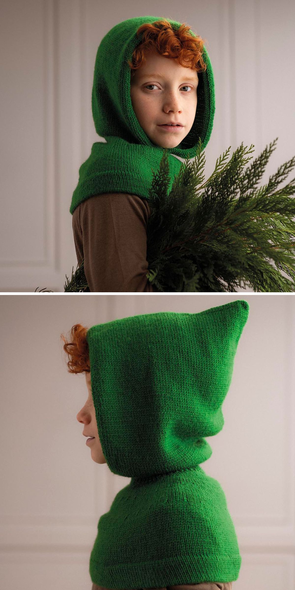 a traditional knitted hood with a pointy tip in deep green shade