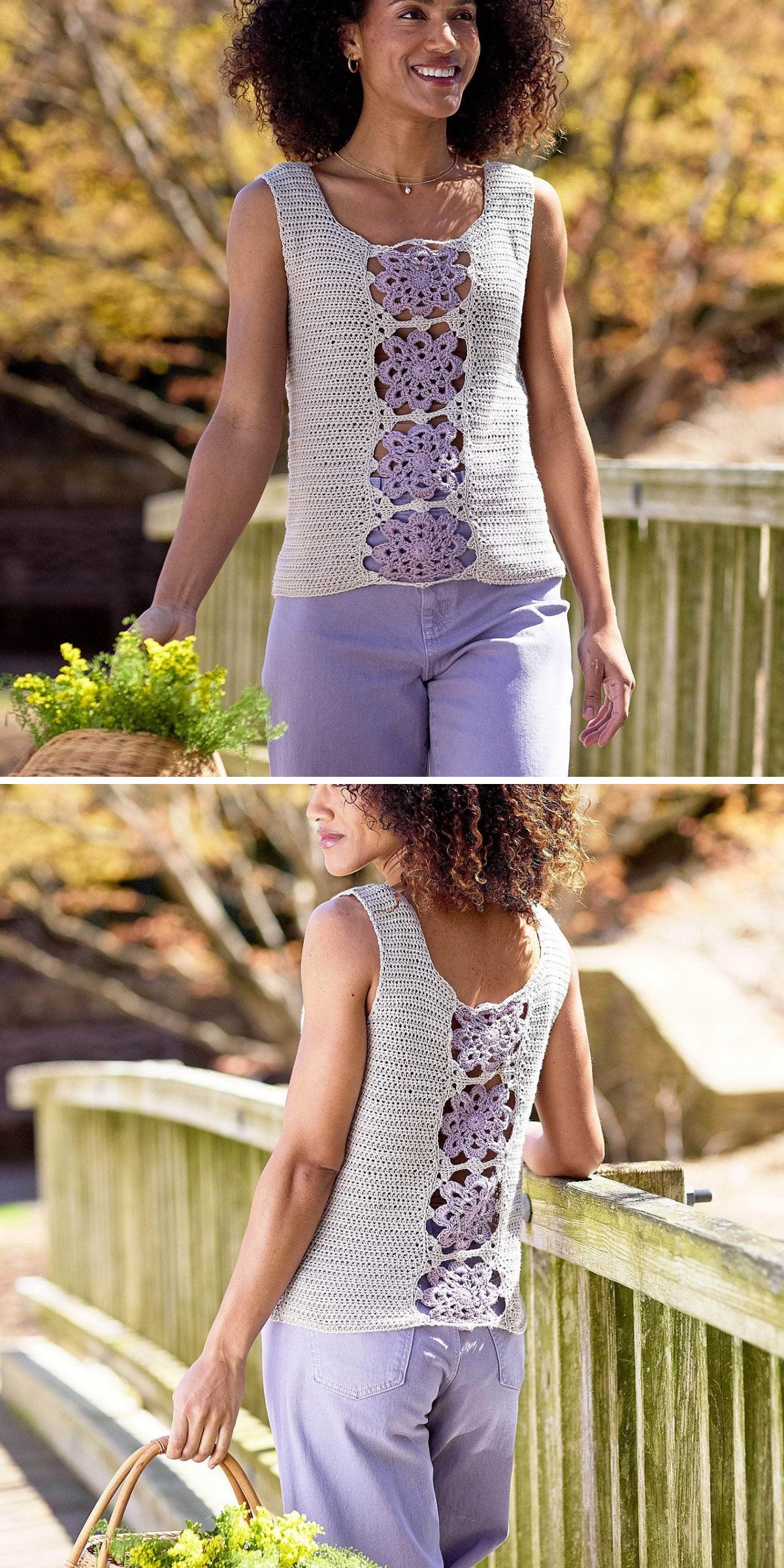 a sleeveless crochet top with lace flower squares running vertically across the middle