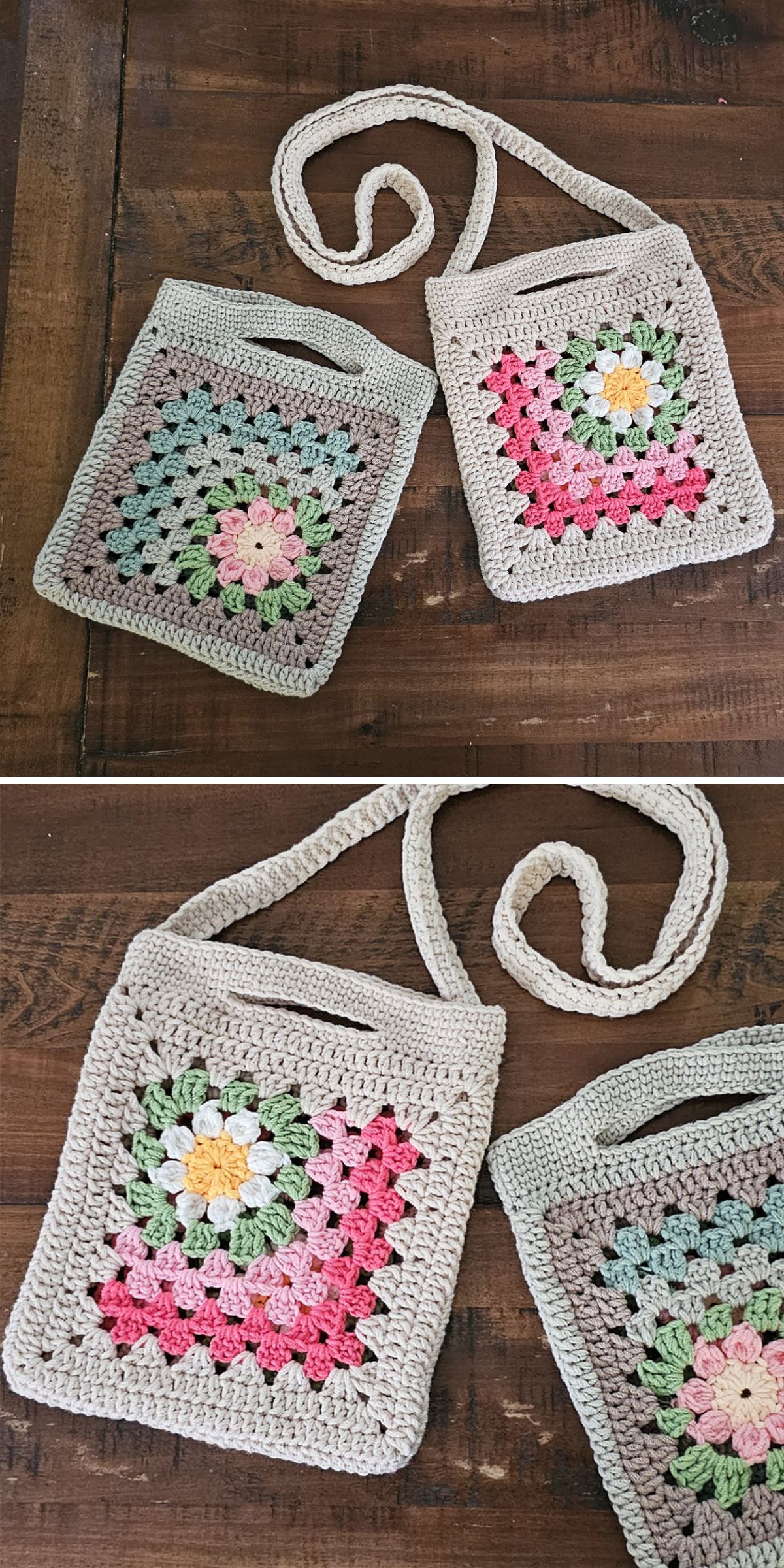a crochet bag made with granny stitches and features a small granny flower motif