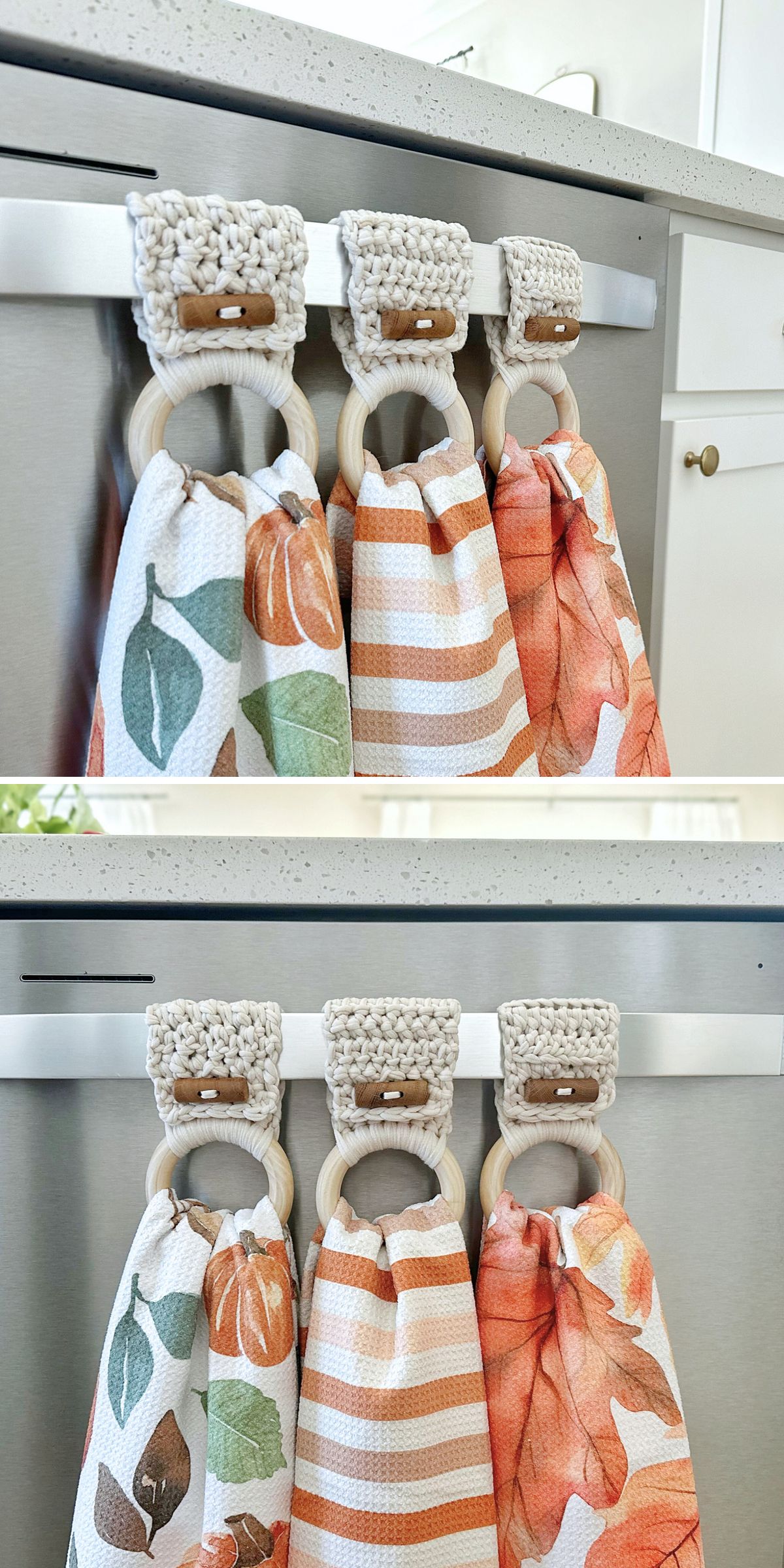 crochet towel holder with a button closure