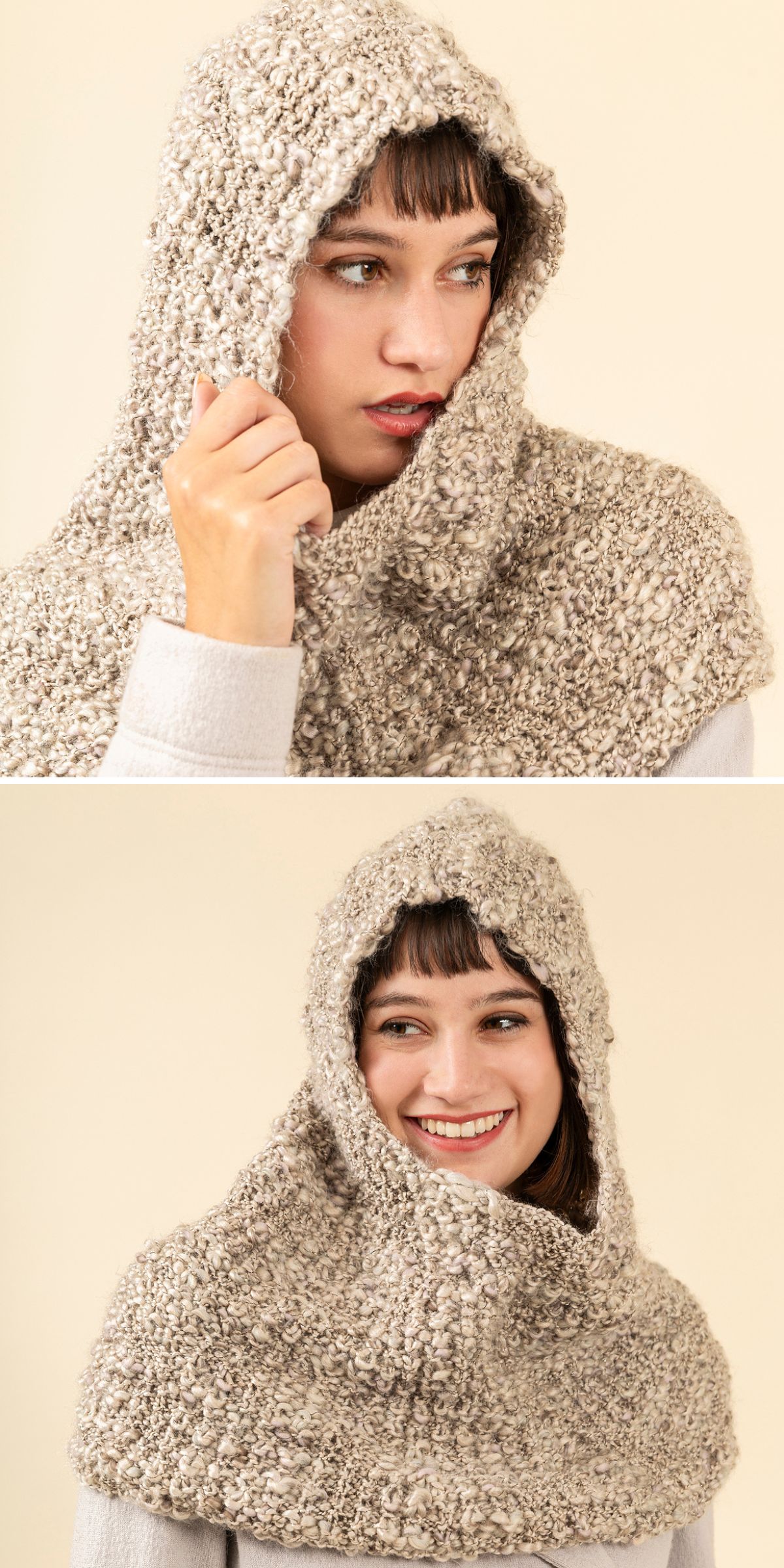 a woman wearing a knitted hooded poncho made with chunky yarn in a neutral color