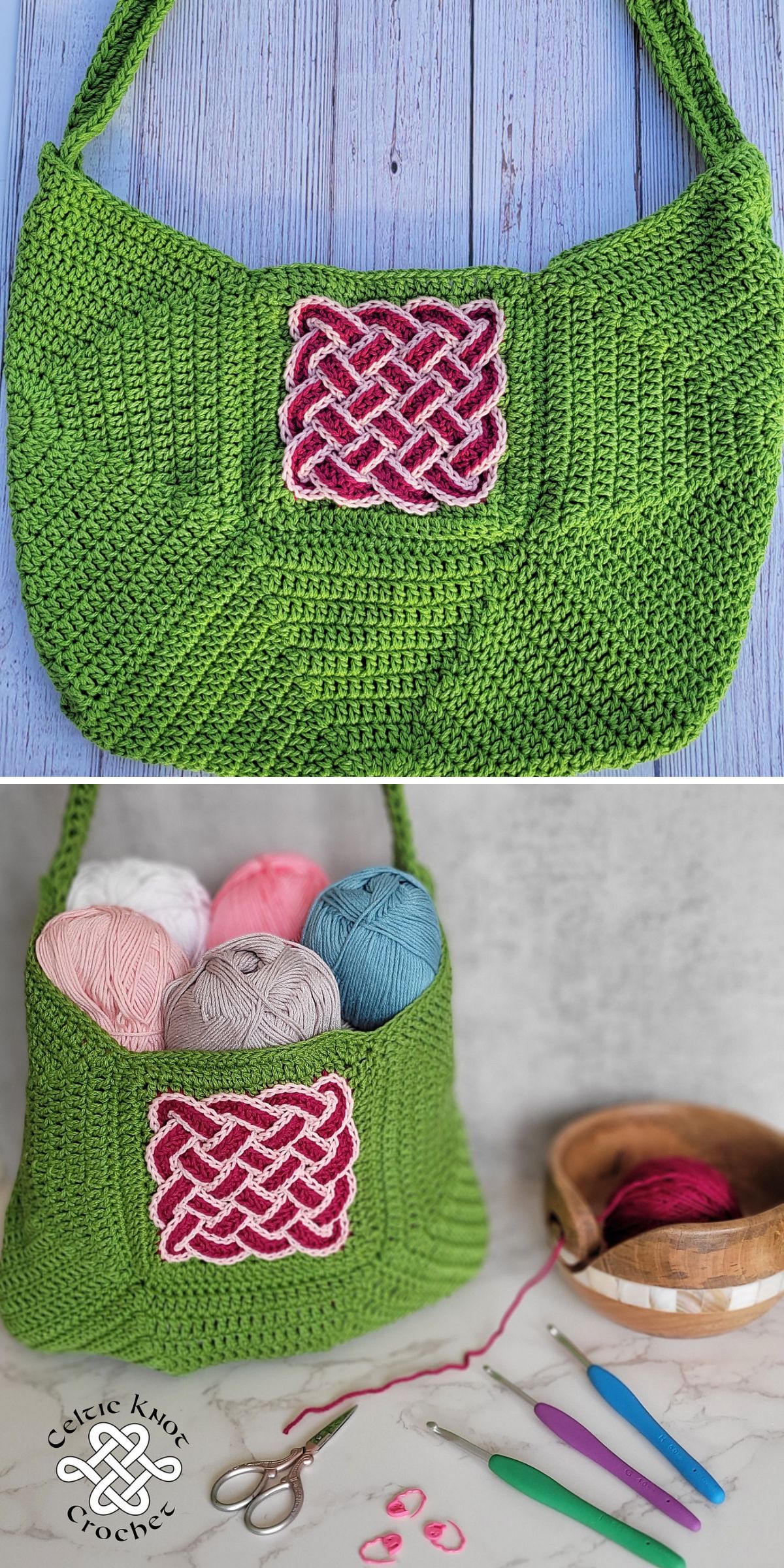 a large green crocnhet tote bag with a purple celtic knot motif