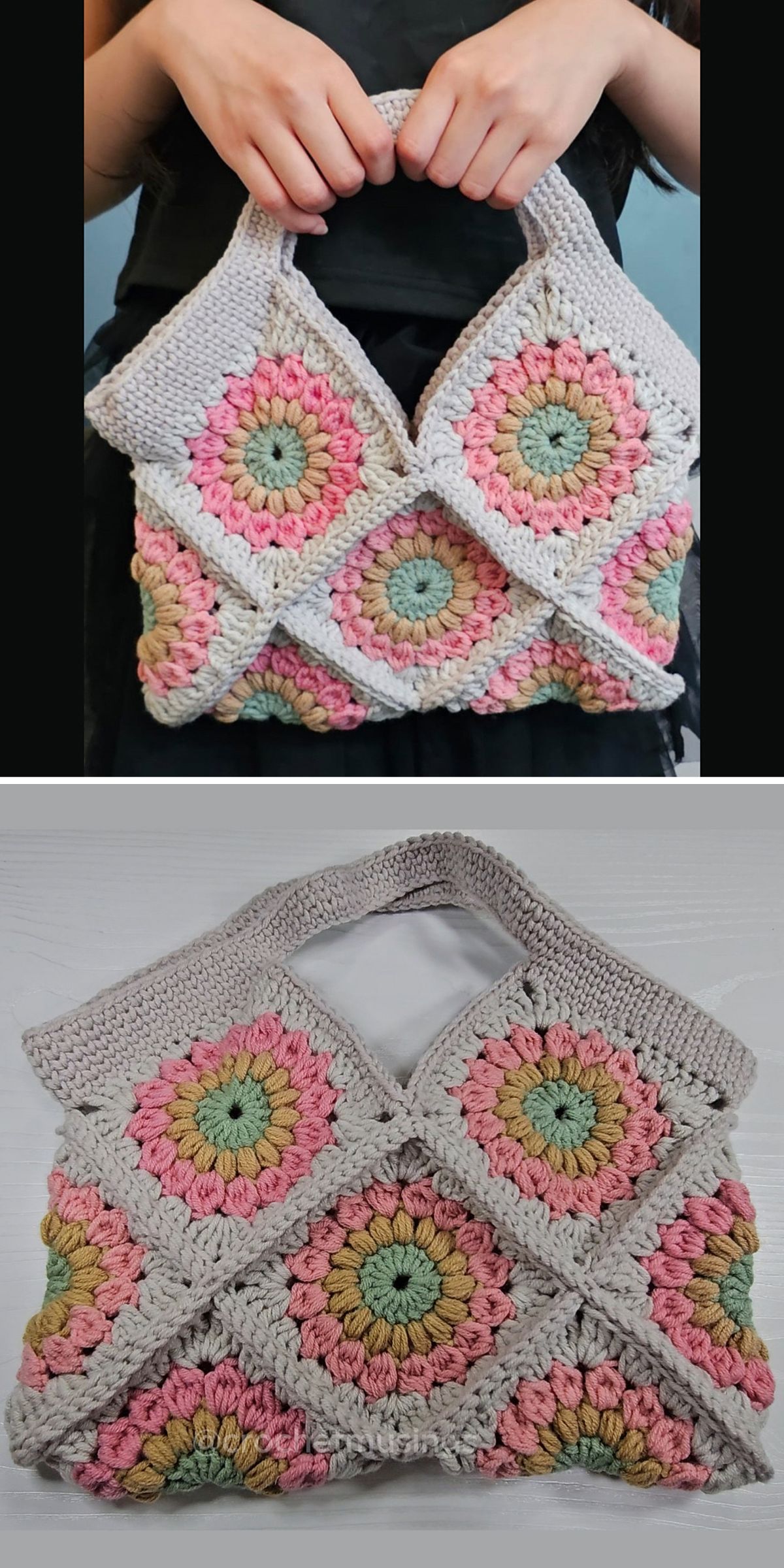 a crochet handbag built from vibrant sunburst granny squares