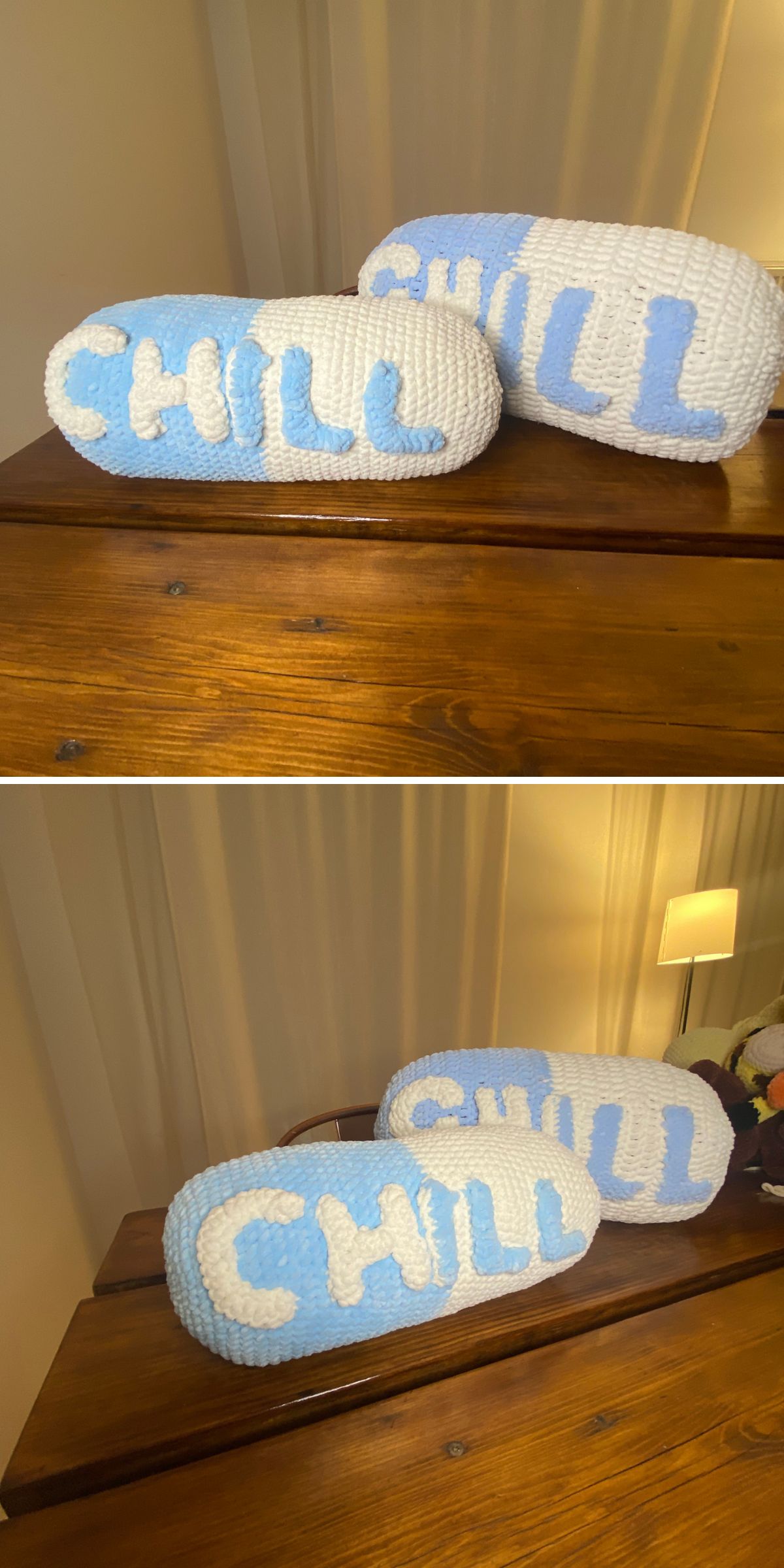 two crochet pillows shaped like a pill with the word “chill”