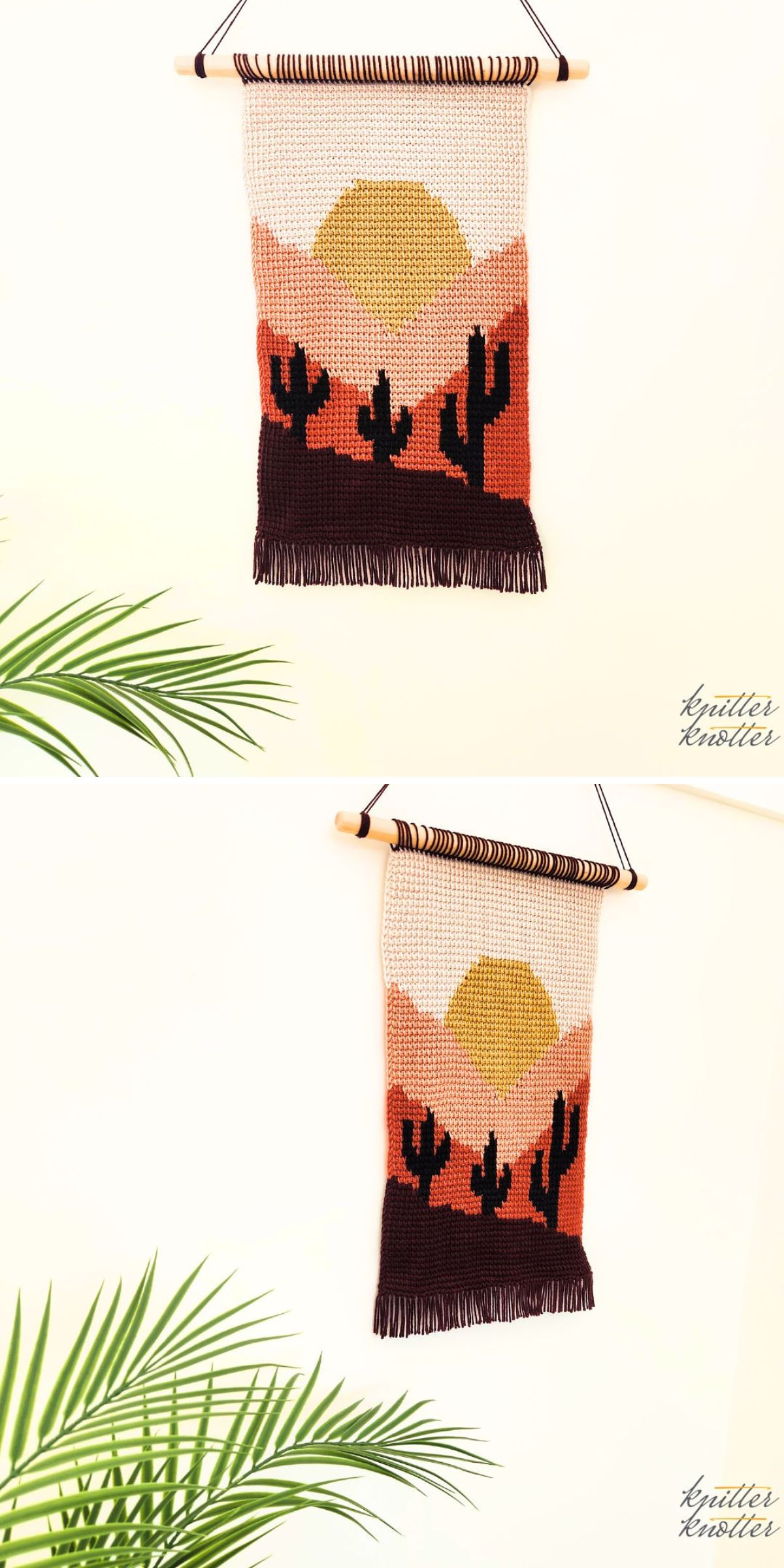 a colorful crochet wall hanging featuring a desert sunset design