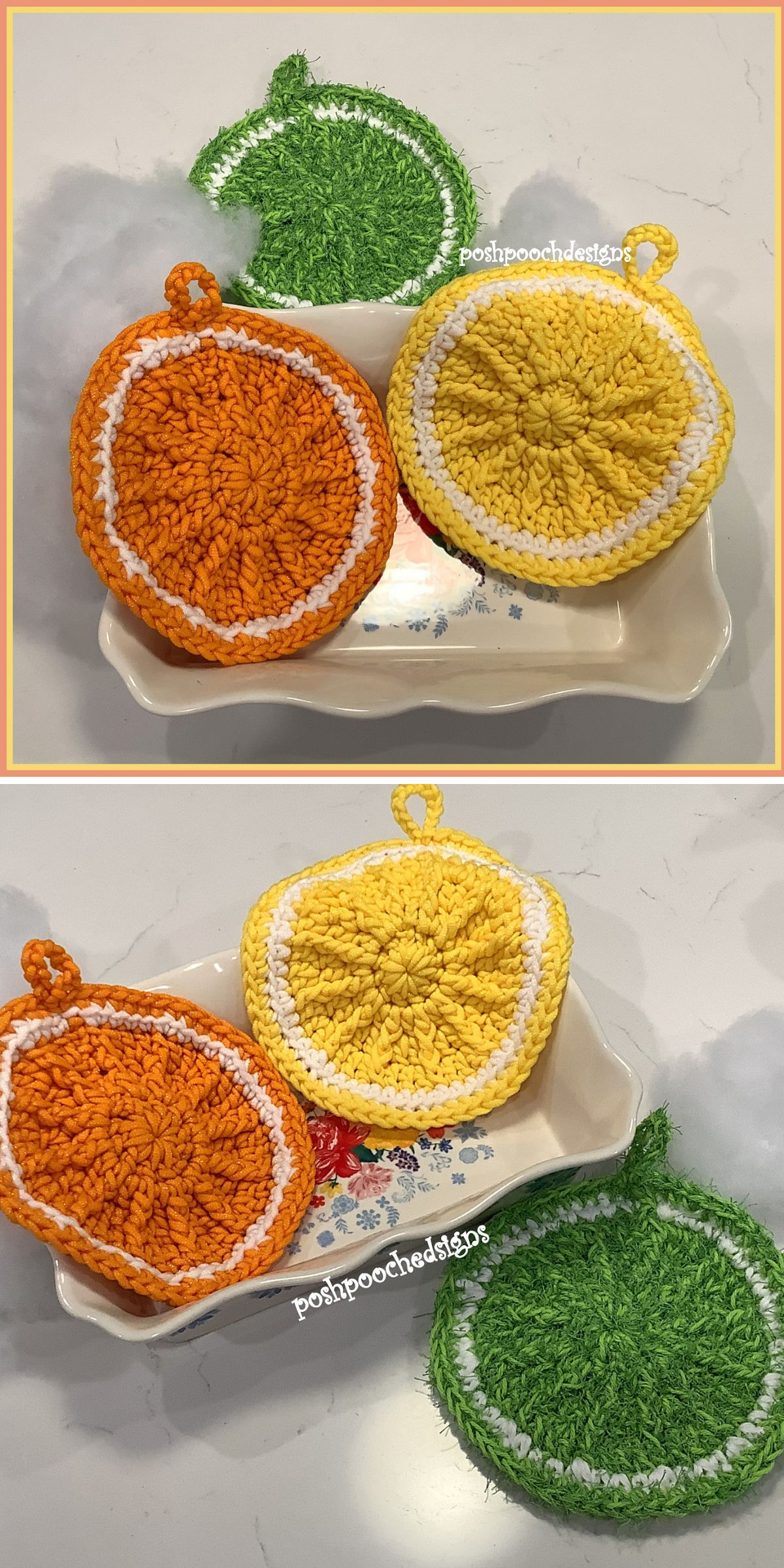 a set of crochet scrubbers with citrus designs in different colors