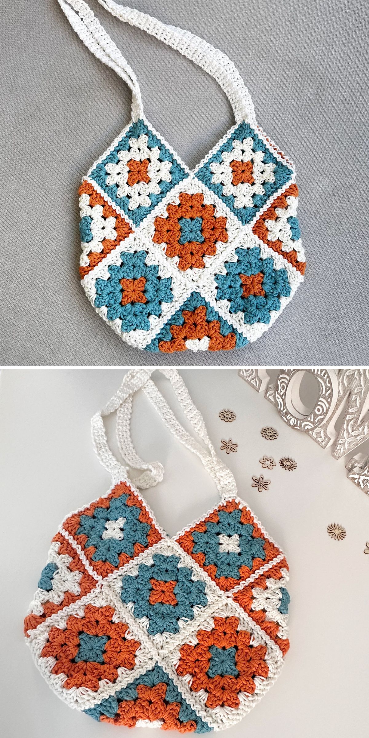 a crochet bag made of granny squares in different color combinations