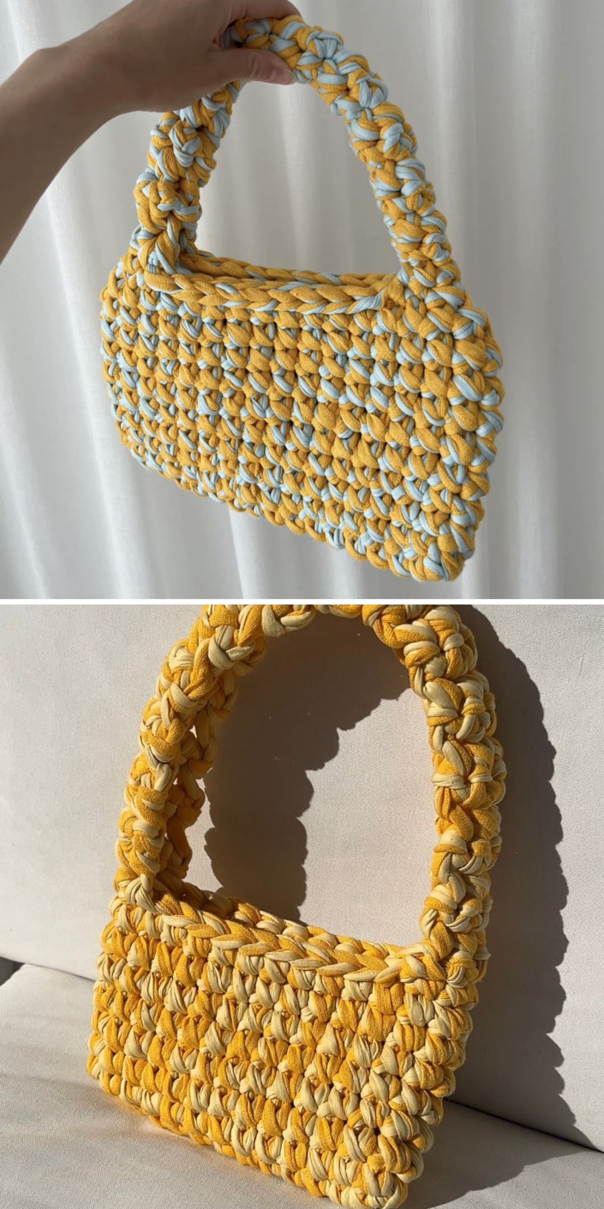 a crochet shoulder bag made in super bulky variegated yarn