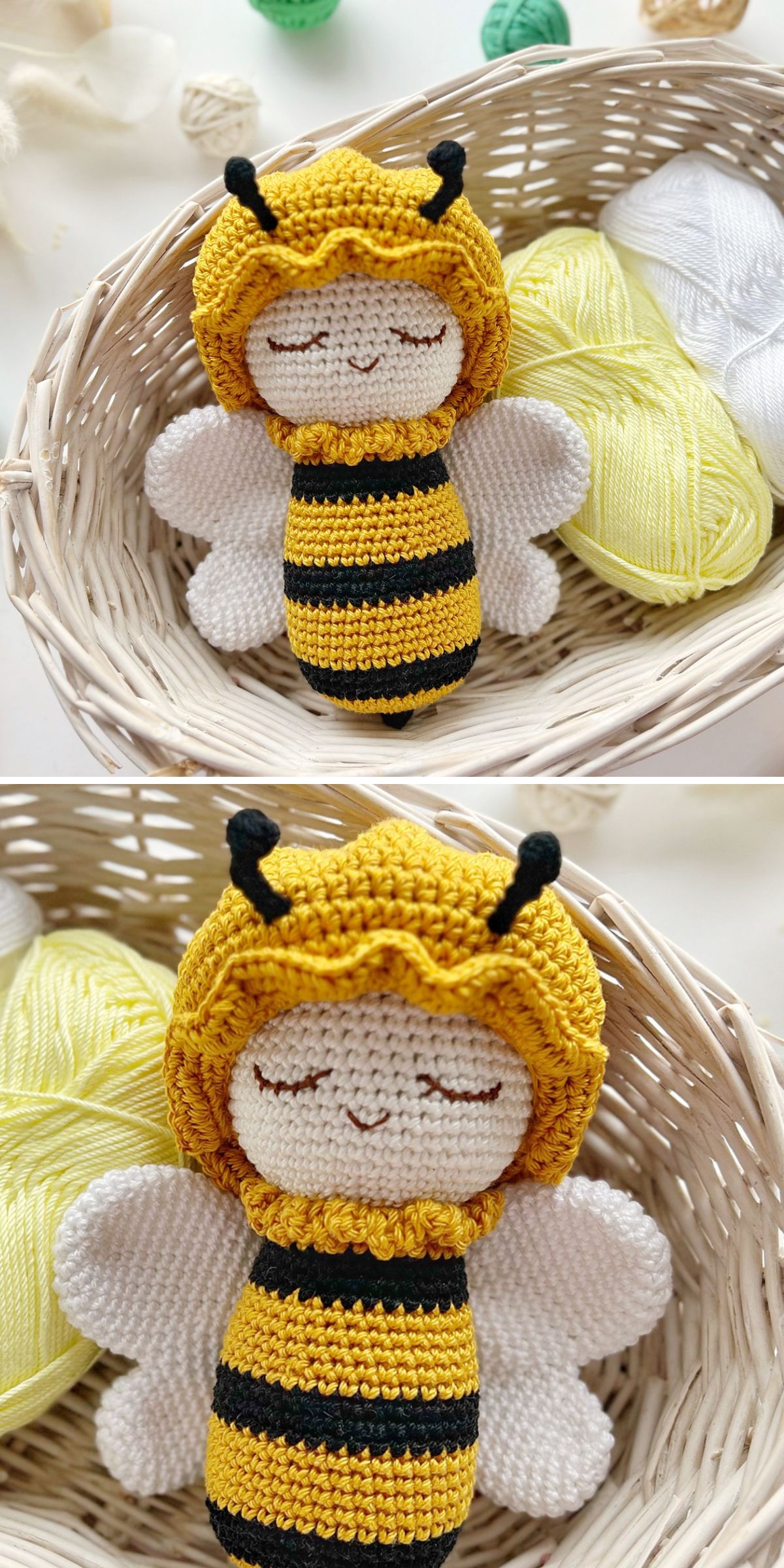 a crocheted bee toy with a seelping face