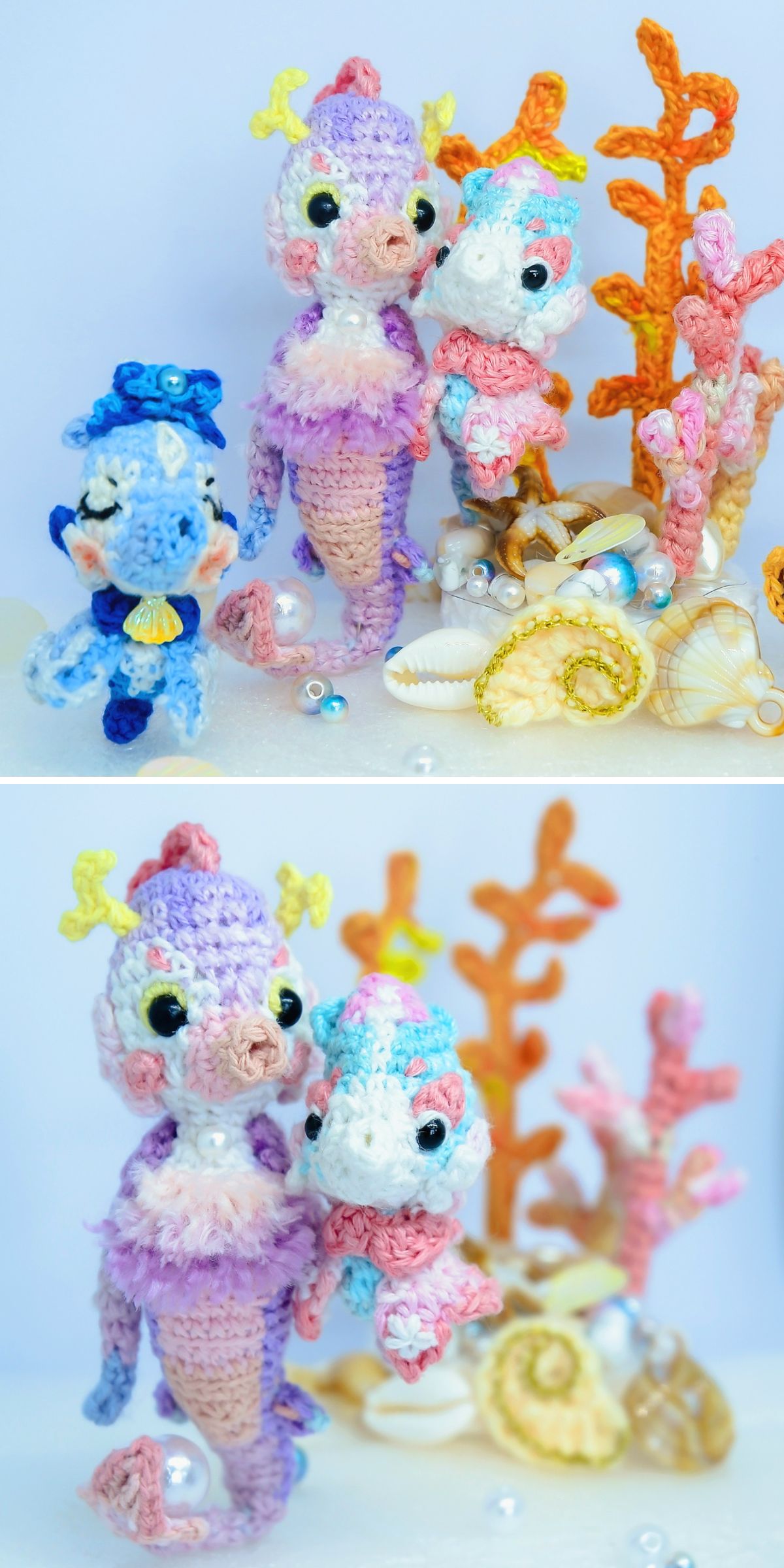 a collection of vibrant crochet seahorses