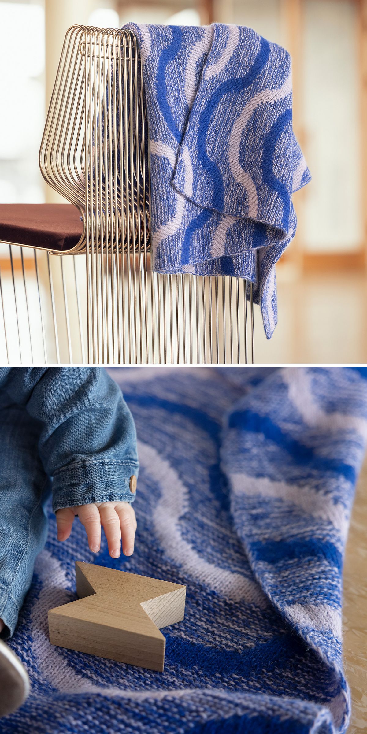 a knitted blanket featuring a wavy-like design in a variegated blue colorway