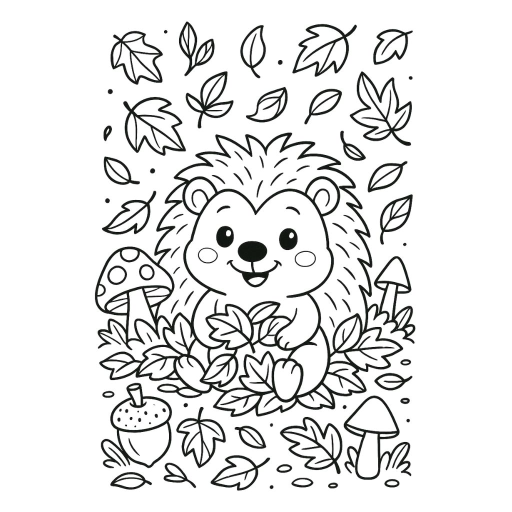 Hedgehog surrounded by autumn leaves, mushrooms, and acorns – fall coloring sheets for kids.