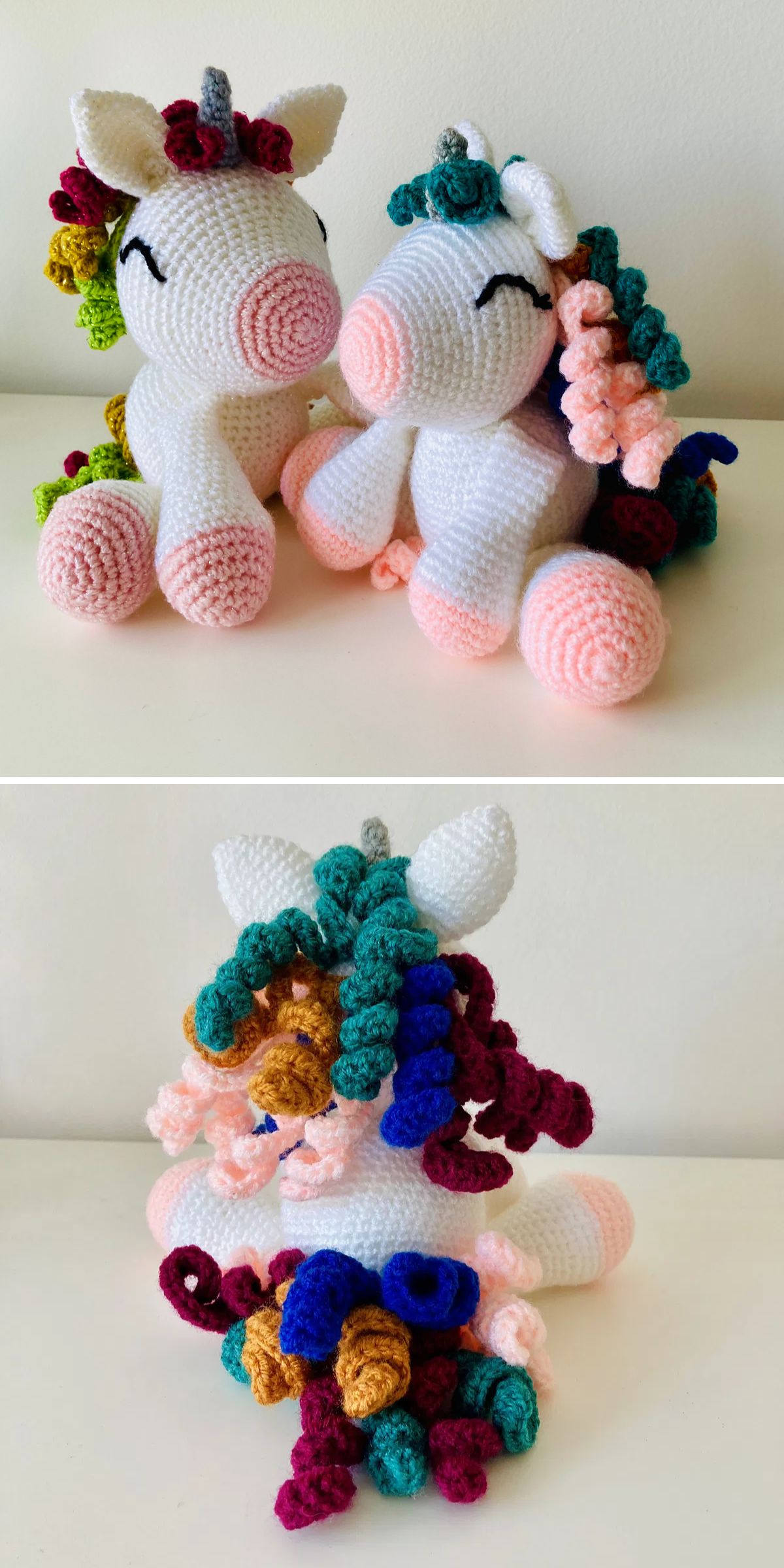two crochet unicorns with colorful curly manes