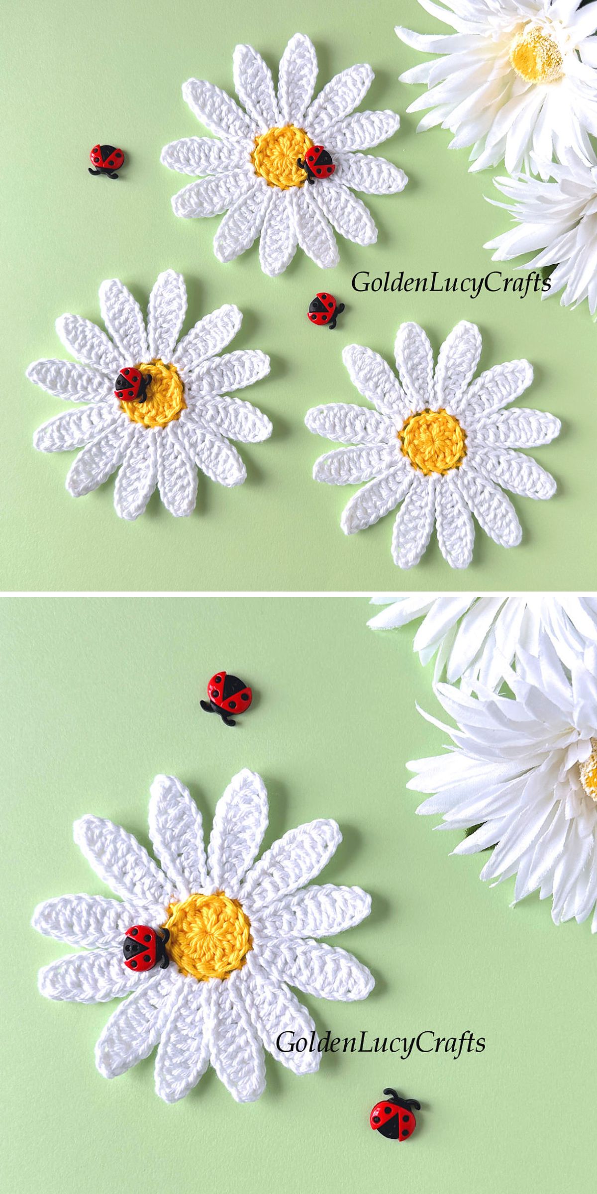 three crochet daisy appliques with ladybug embellishments