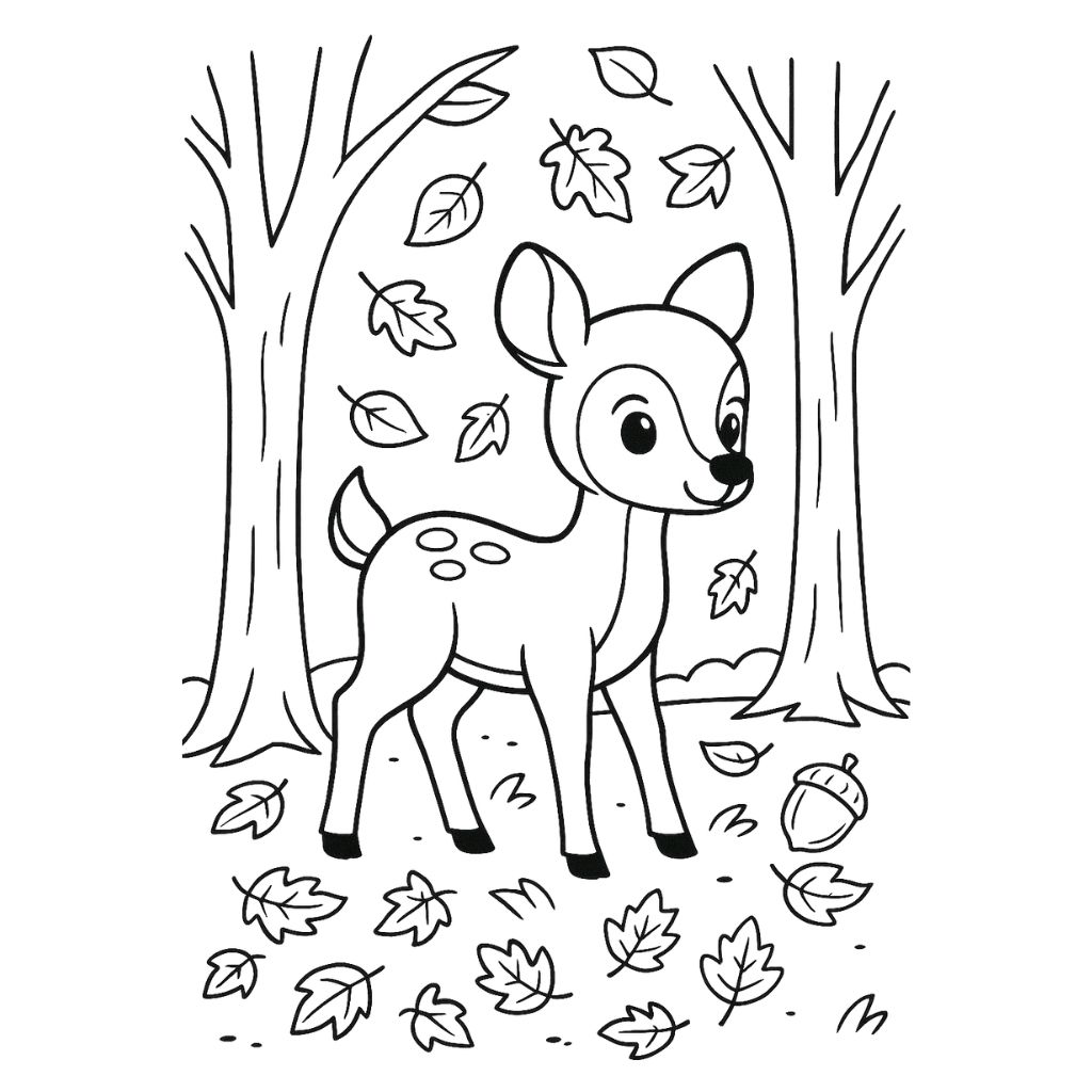Gentle deer walking in a forest with autumn leaves falling – free printable fall coloring pages PDF.
