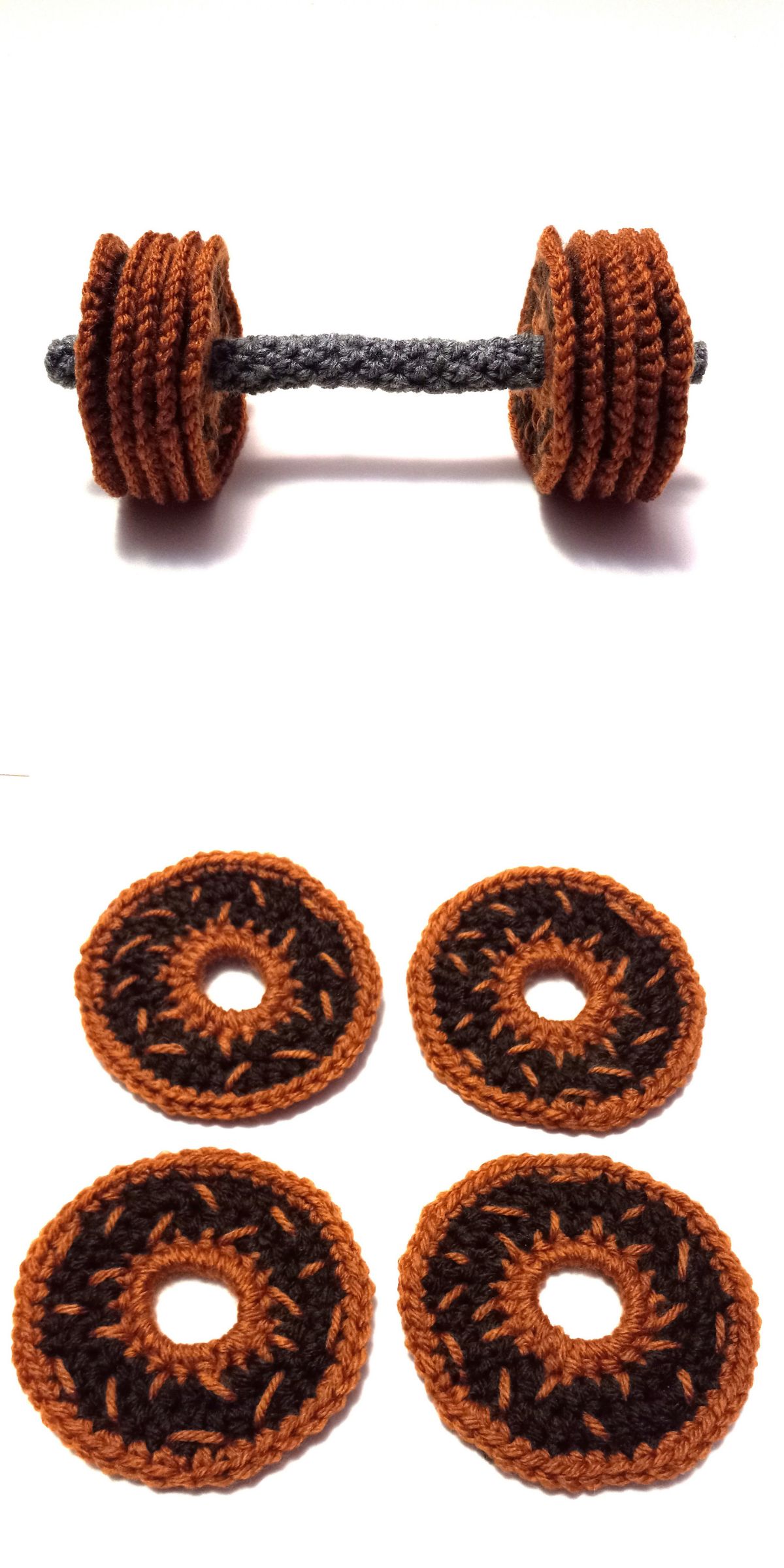 a set of crochet coasters looking like chocolate donuts