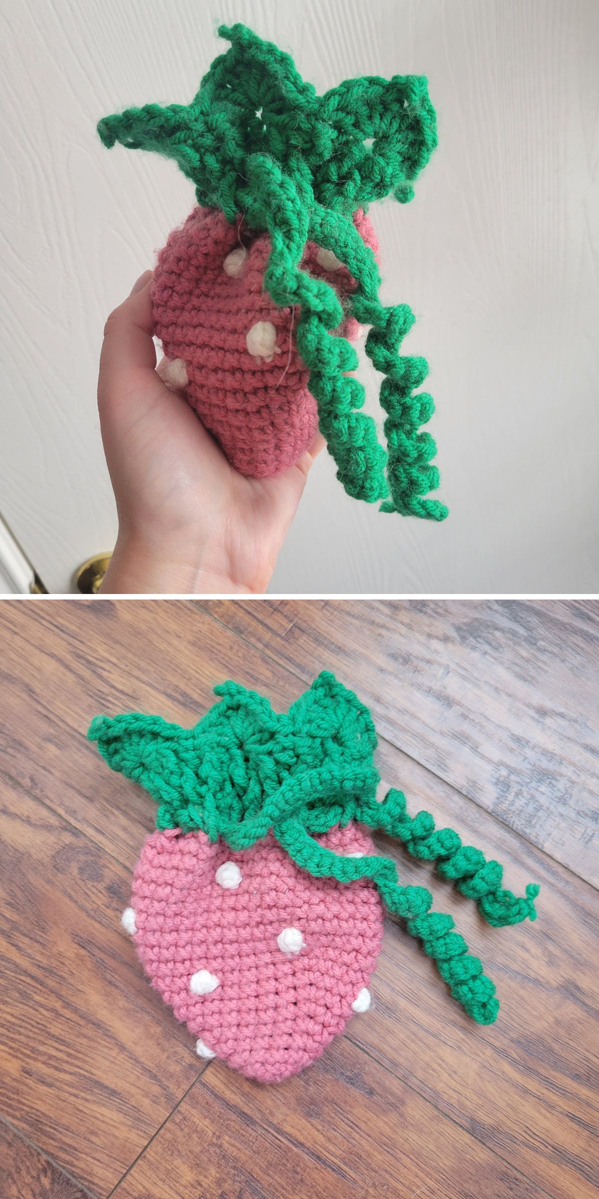 a crochet strawberry-shaped drawstring bag