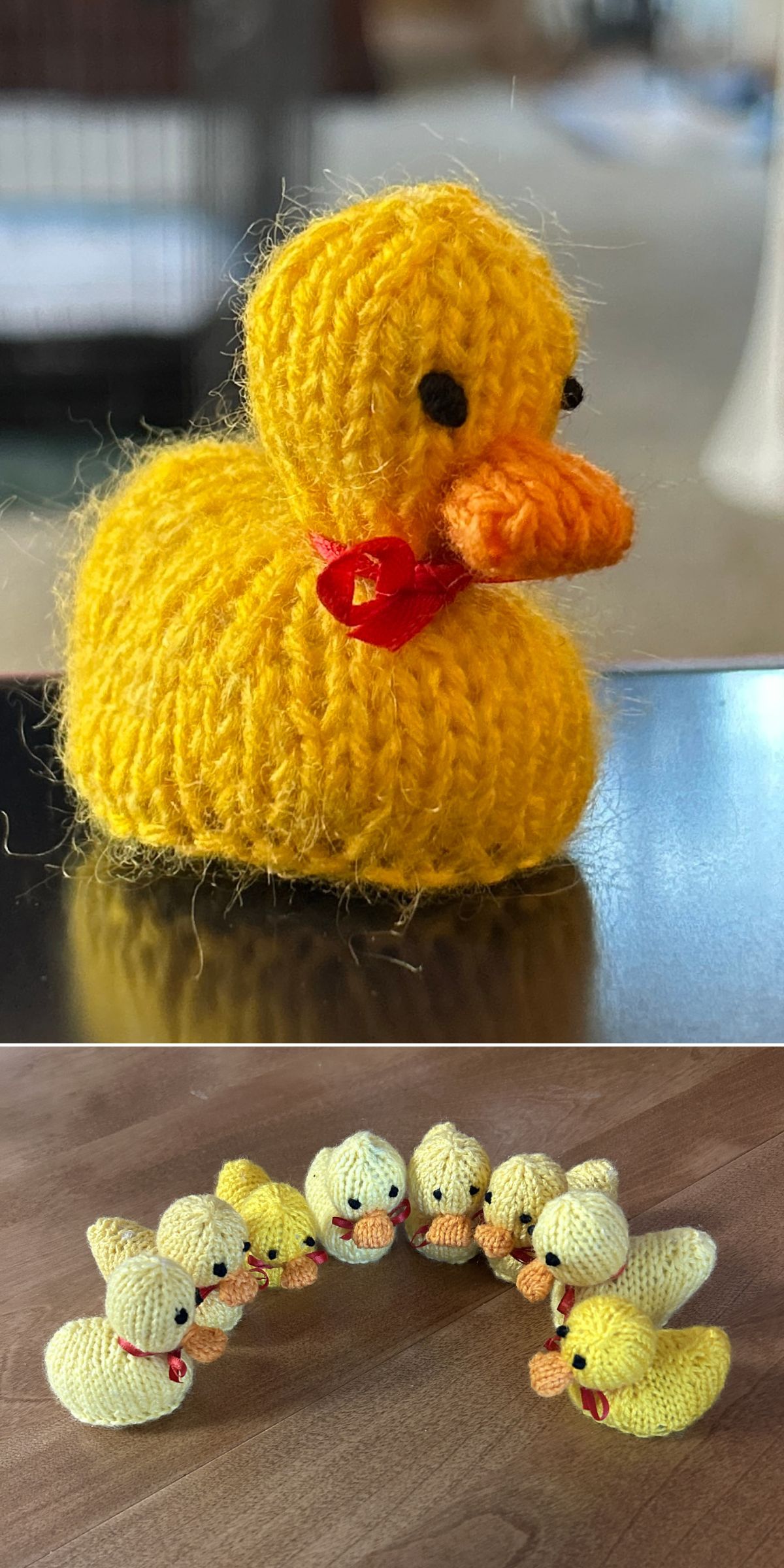 a yellow knitted duck