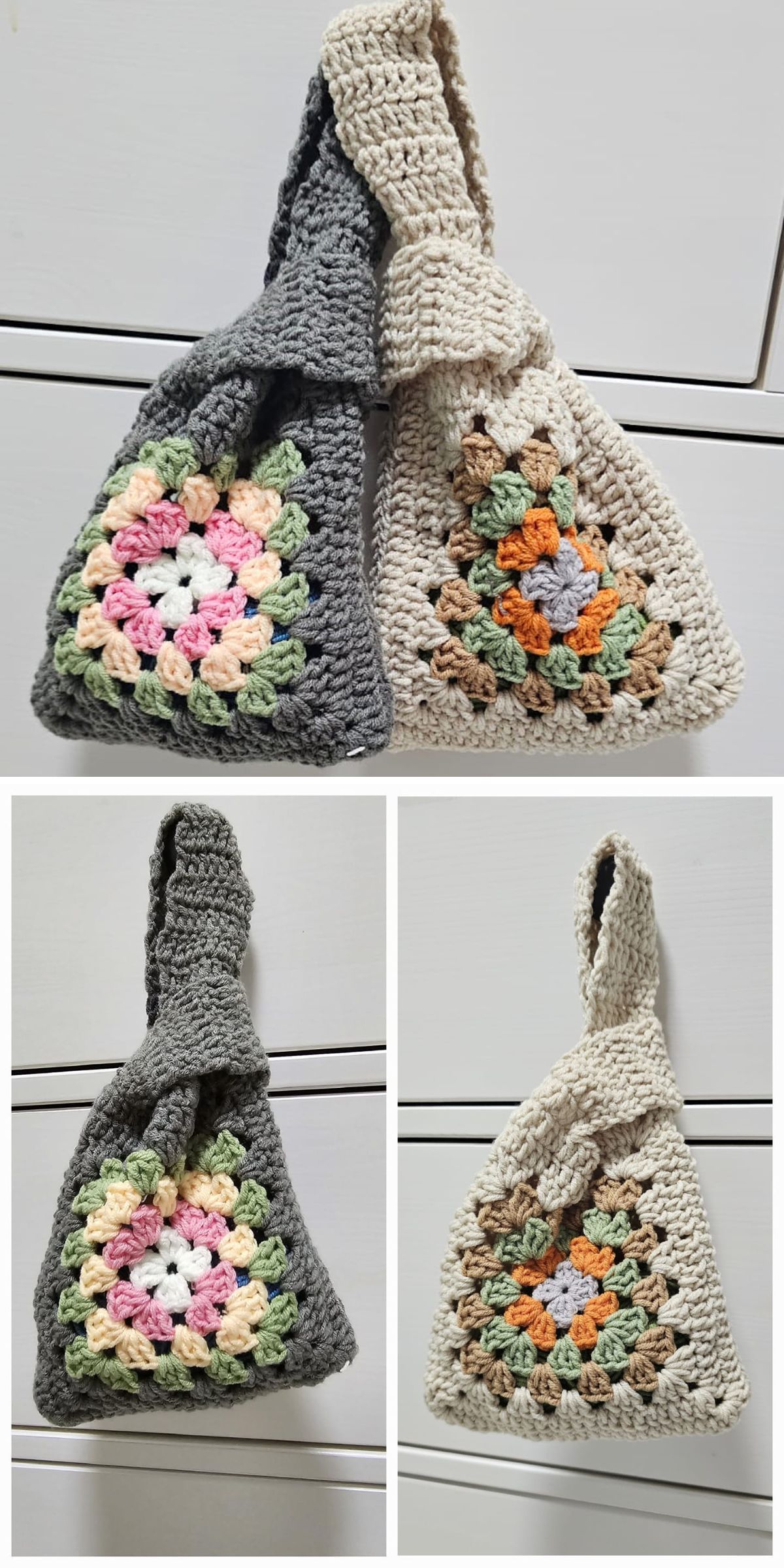 crochet dumpling bags made from two granny squares