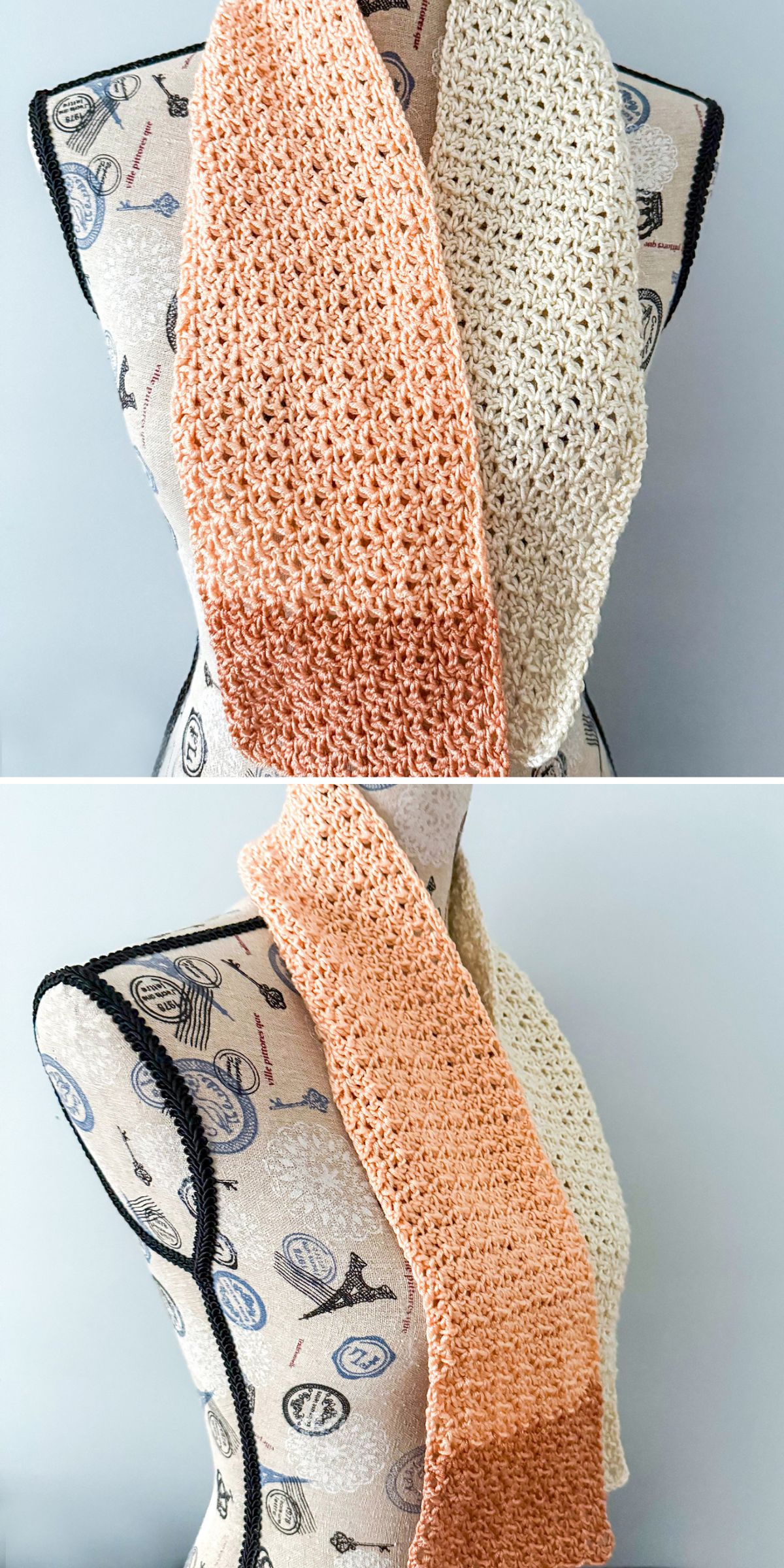 A Crochet Infinity Scarf in gradient shades of beige and peach is elegantly draped on a dress form covered in sewing-themed fabric.