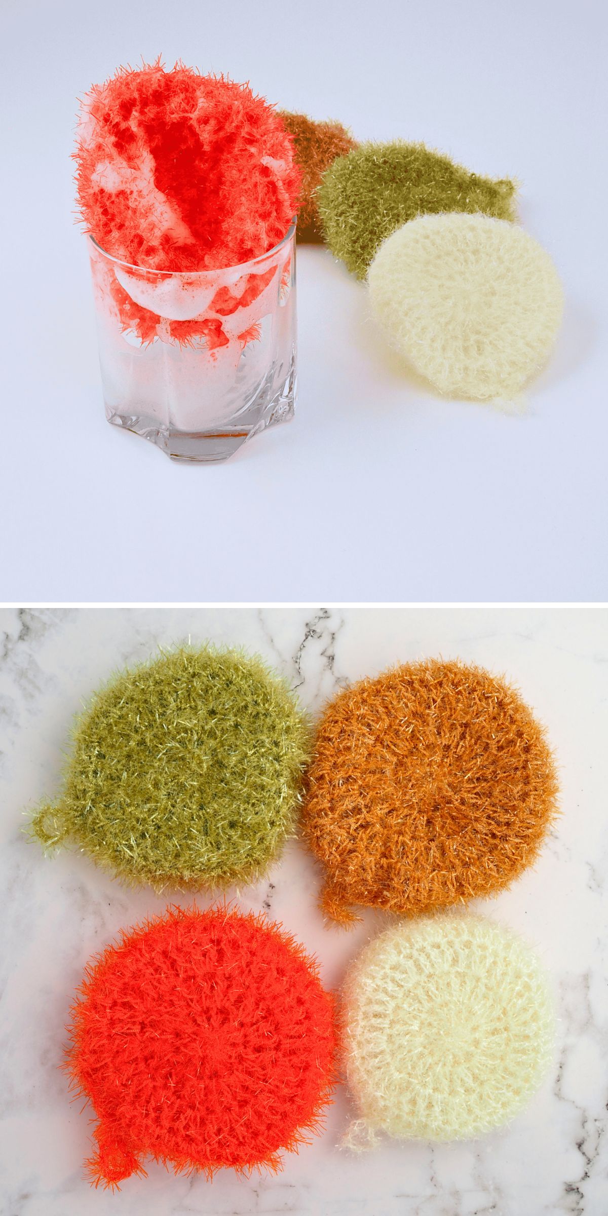 crochet dish scrubbers with a fuzzy yarn texture