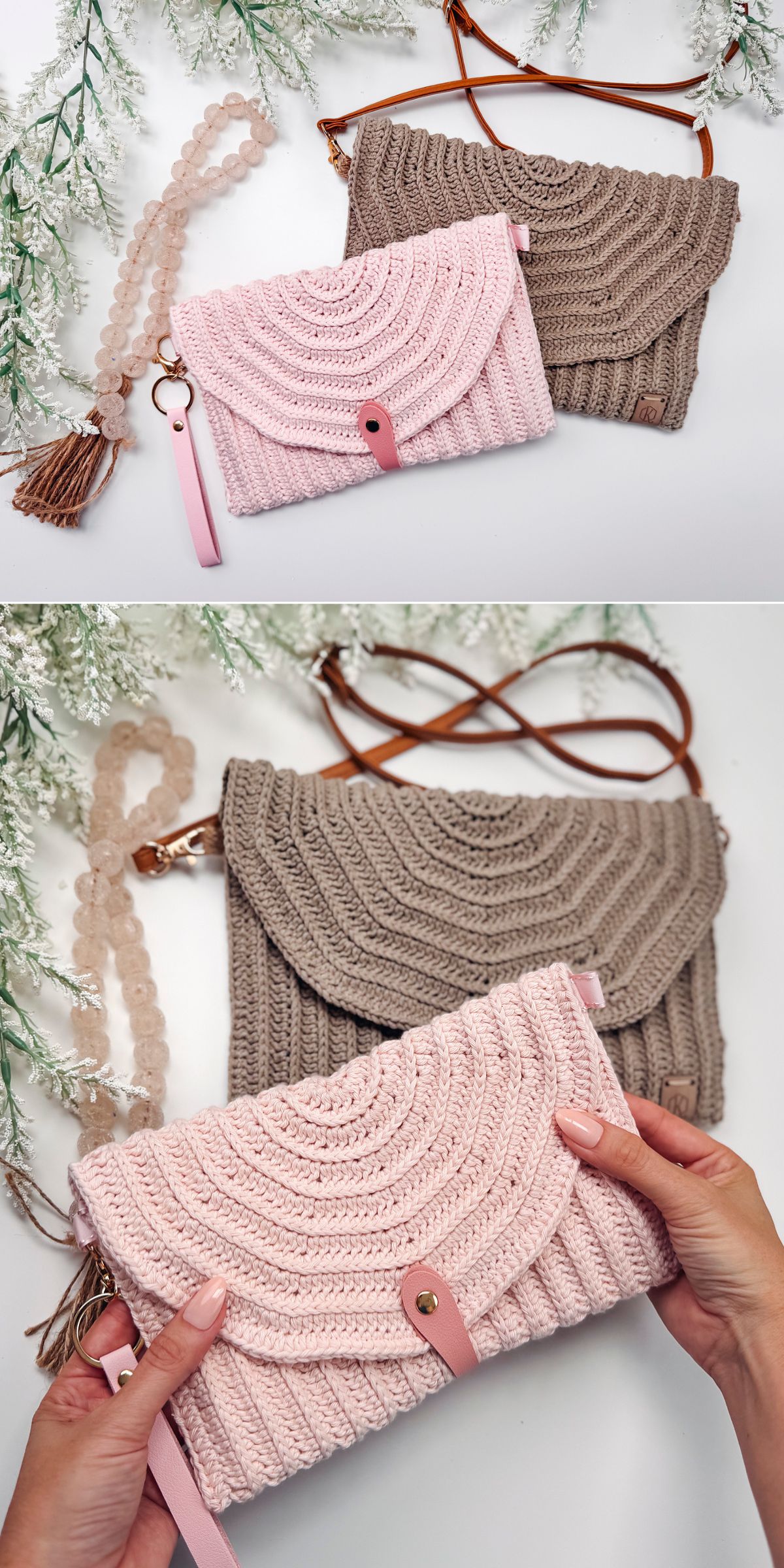 two crochet clutches featuring ribbed spiral designs in light pink and dark beige