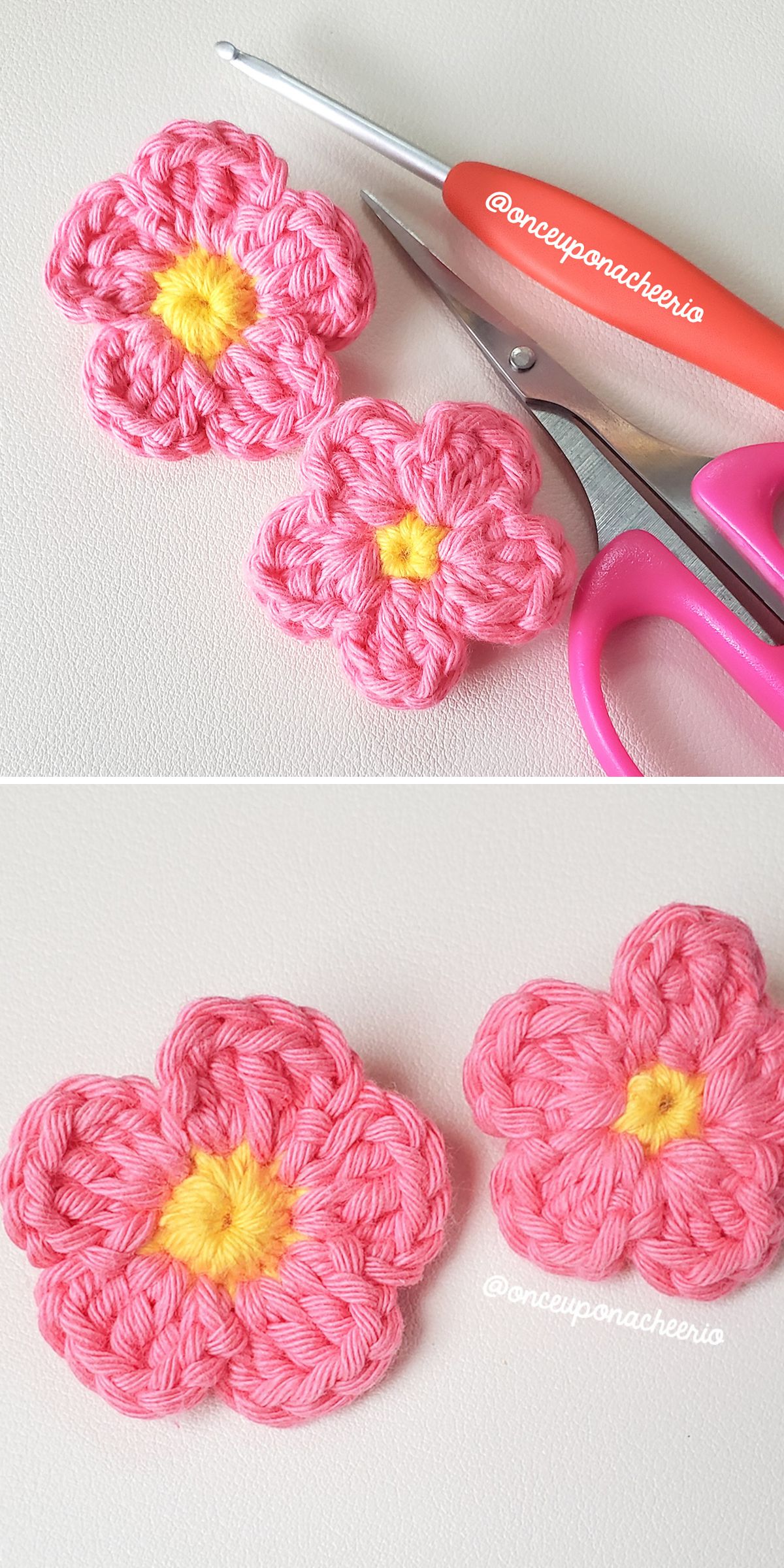 two little crochet flowers in pink