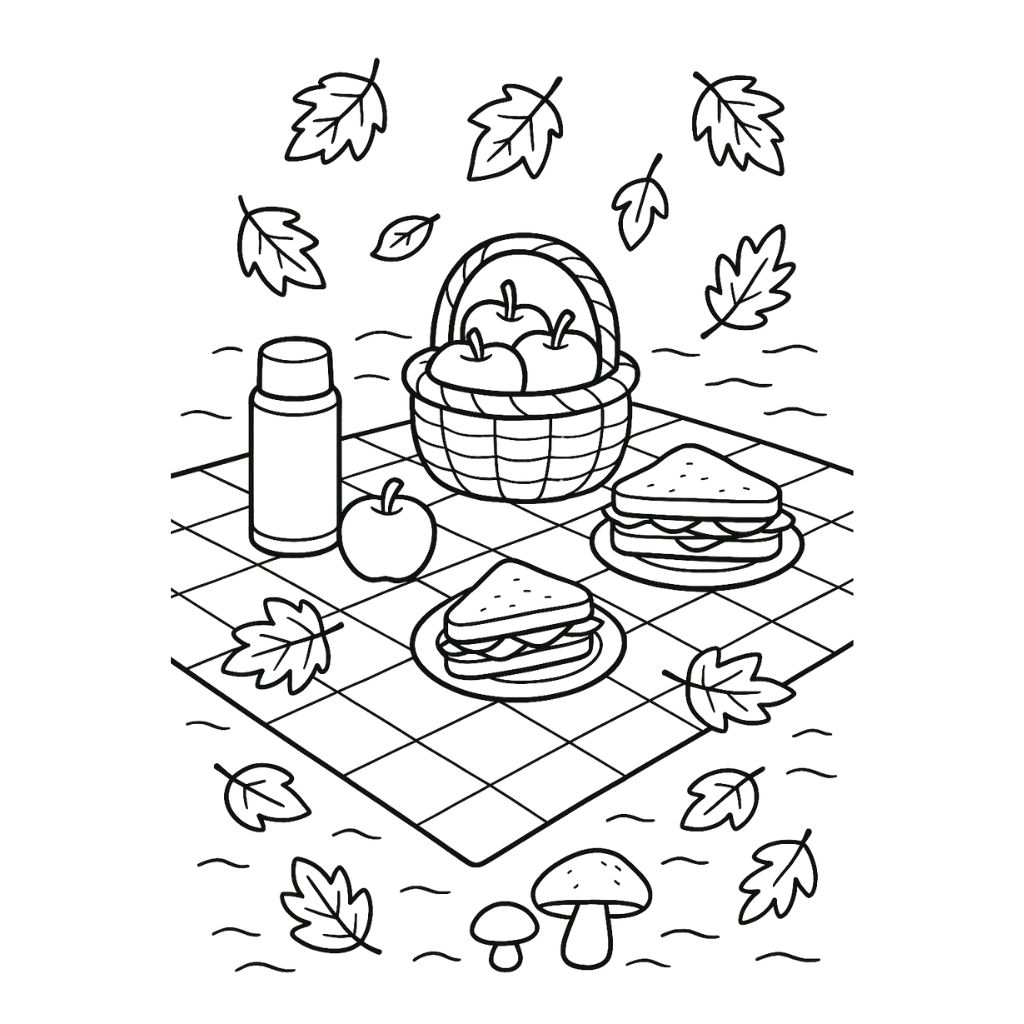 Picnic blanket with food, thermos, and autumn leaves – free printable fall coloring page for preschoolers.