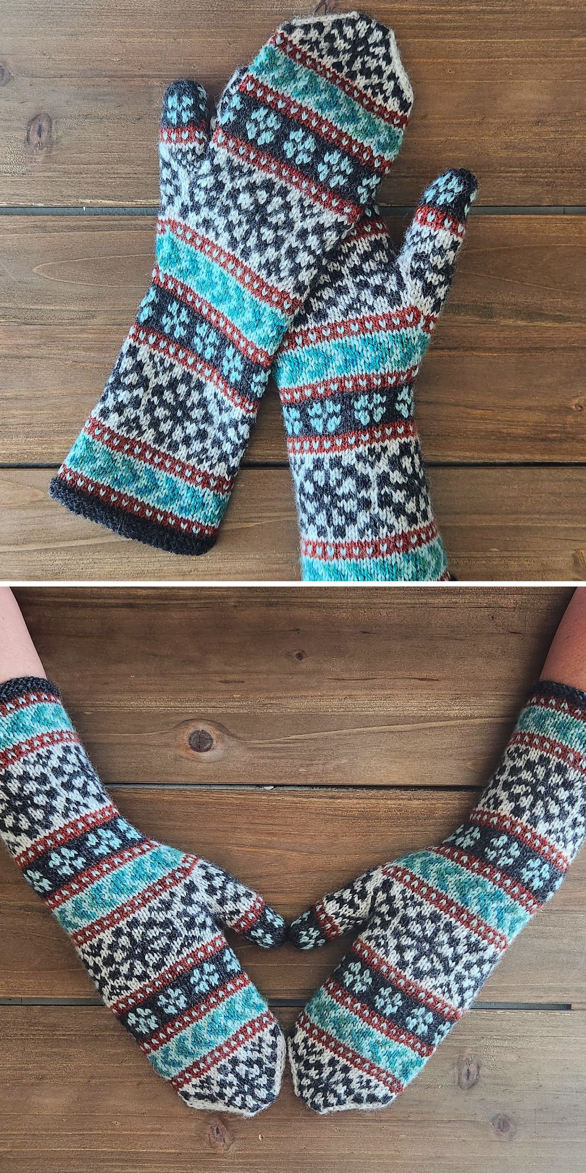 knitted mittens featuring a nordic-style colorwork design