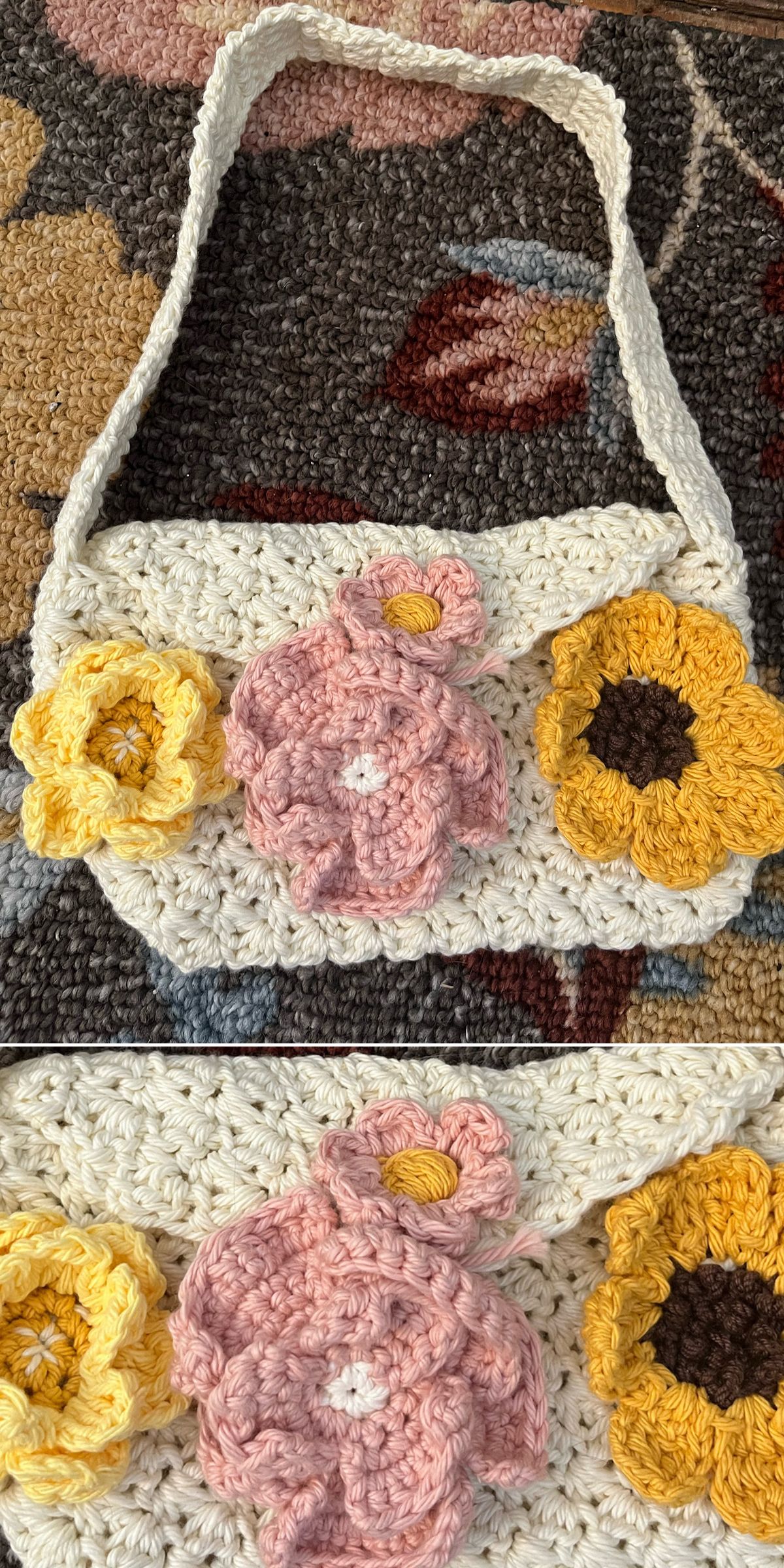 a crochet handbag adorned with flowers