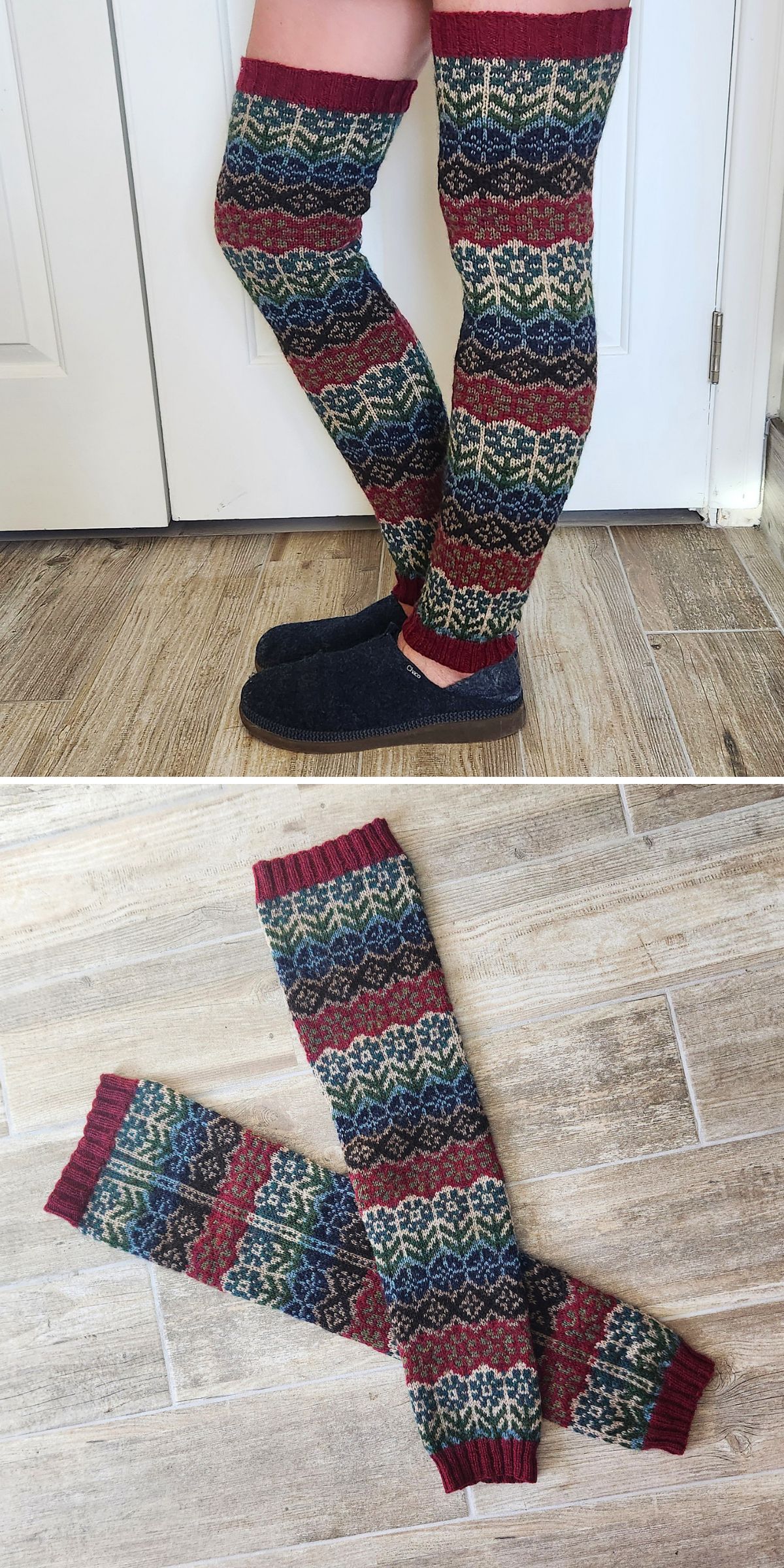 knitted leg warmers with flower-themed design in dark colors
