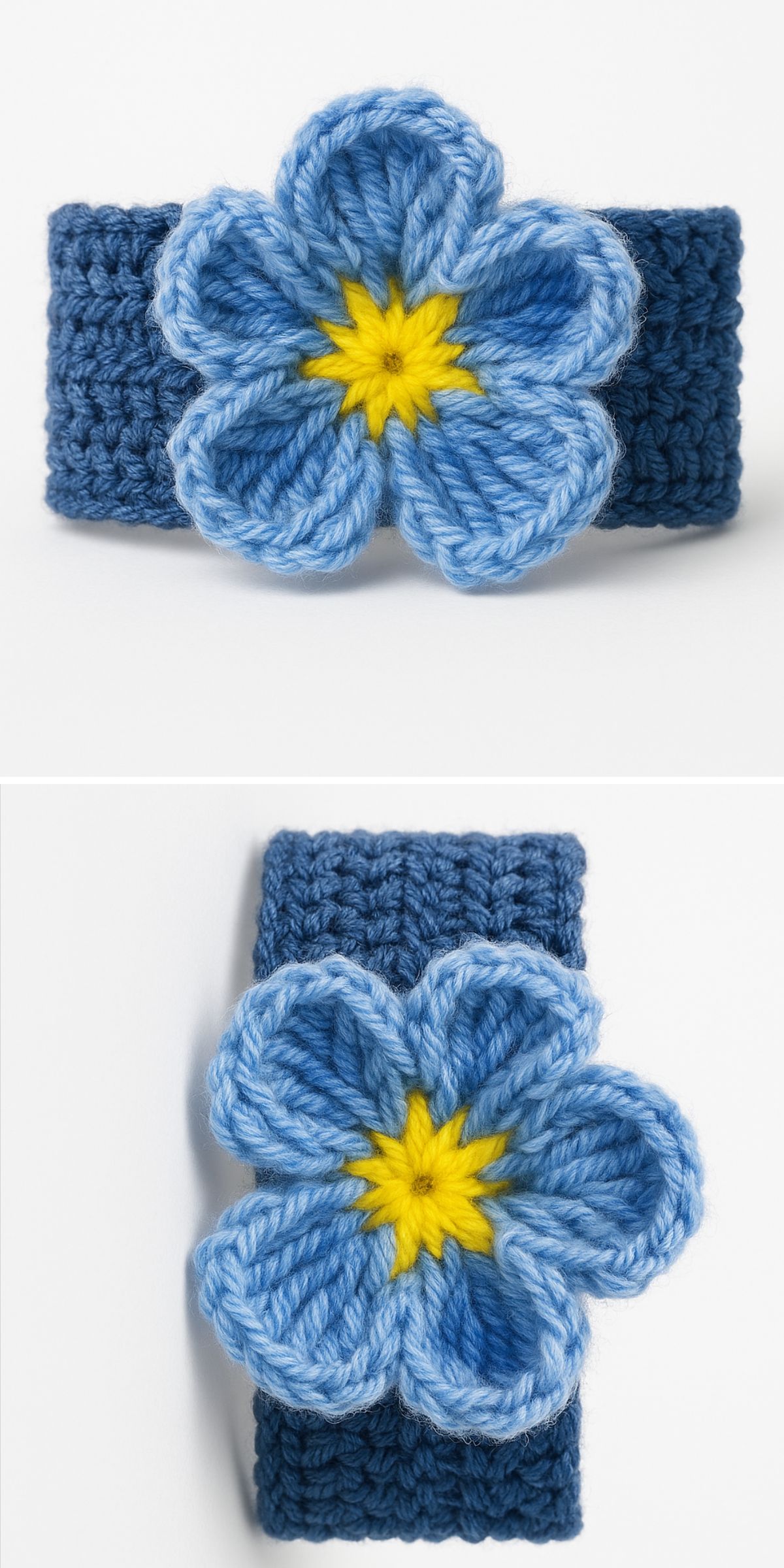a blue crochet bracelet with a flower