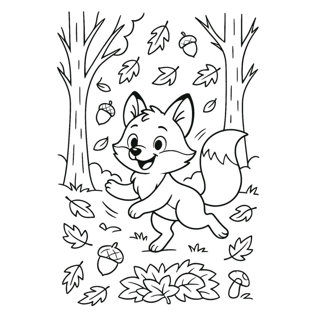 Playful fox in the autumn forest with leaves and acorns – free printable full size fall coloring page.