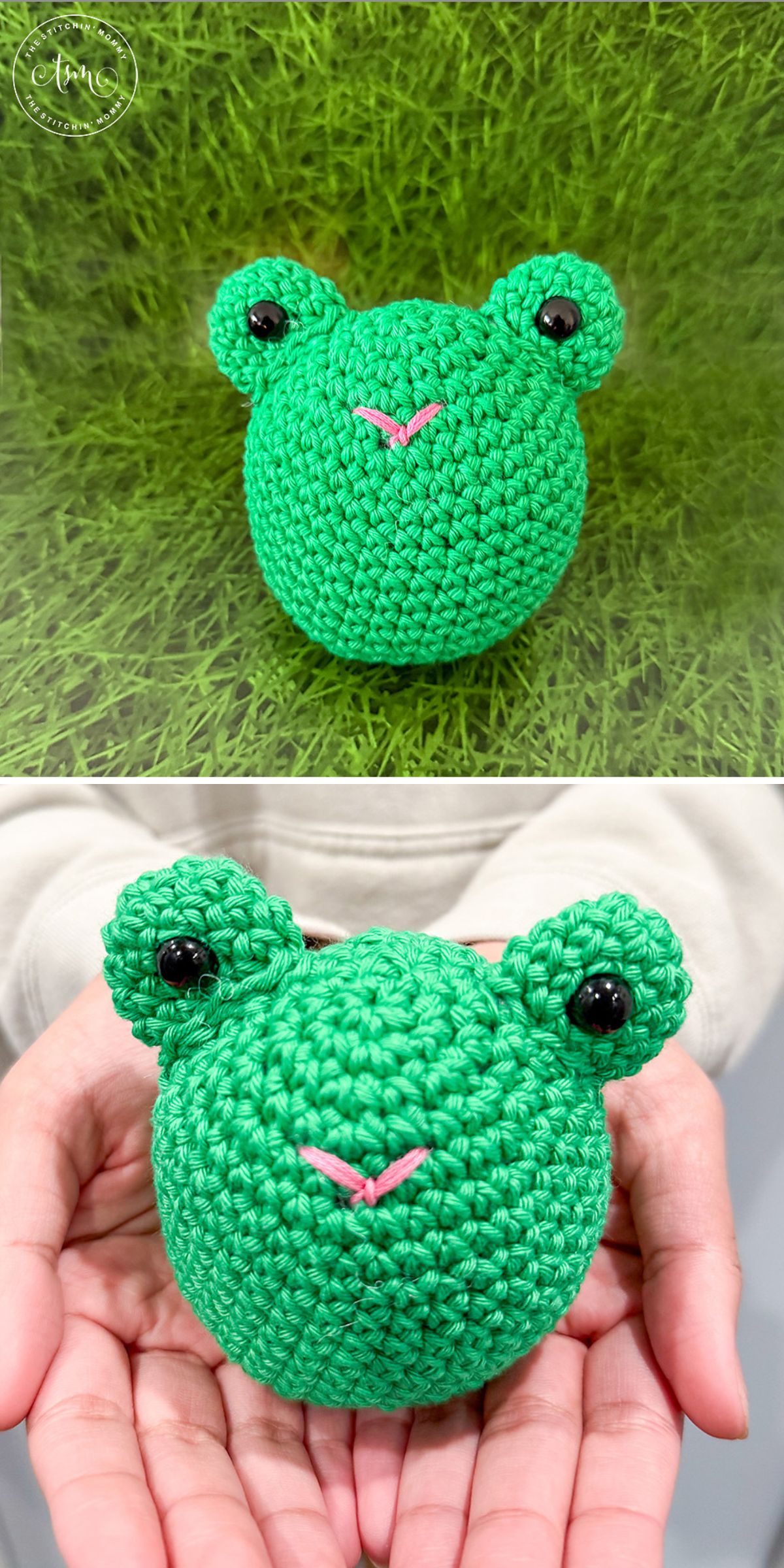 a crochet frog's head in green