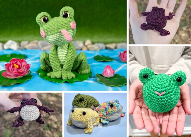 a collection of crochet frog amigurumi